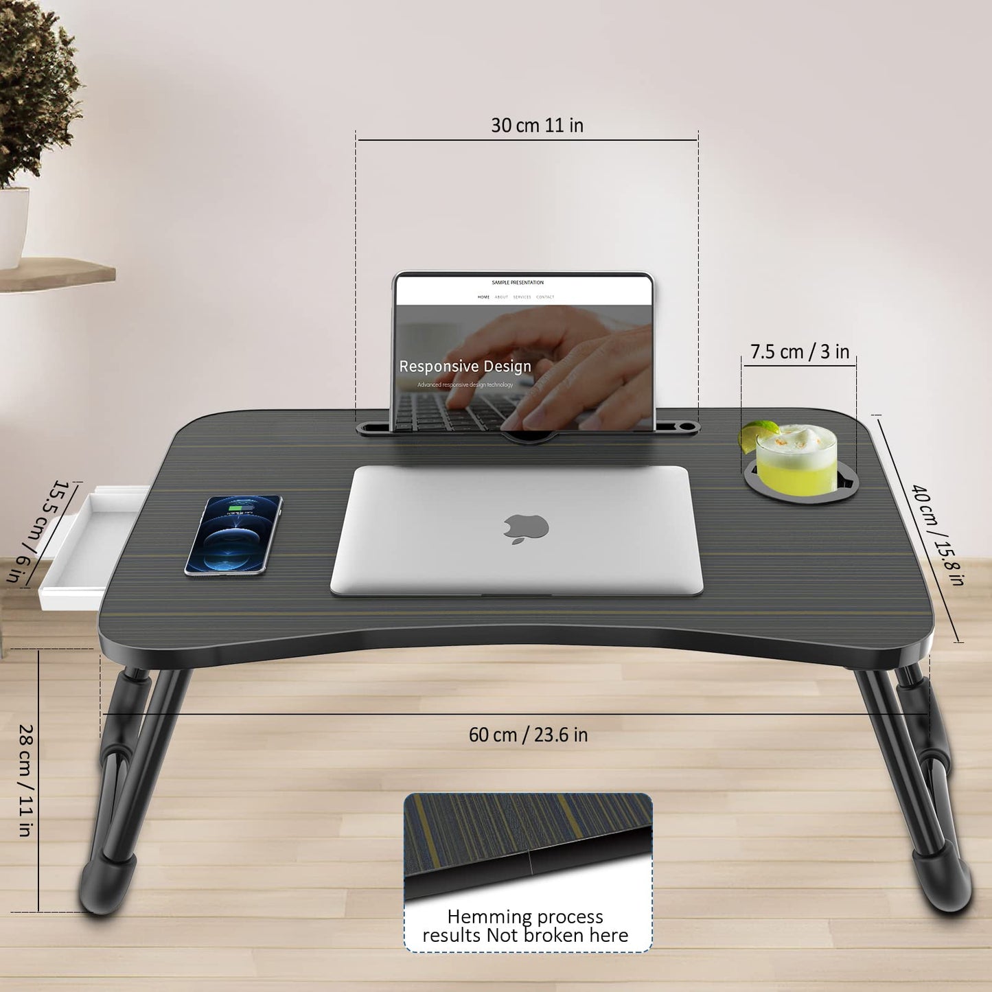 Zapuno Foldable Laptop Bed Table Multi-Function Lap Serving Tray Dining Table with Storage Drawer and Water Bottle Holder, Slot for Eating, Working on Couch/Sofa (Arc Shape)