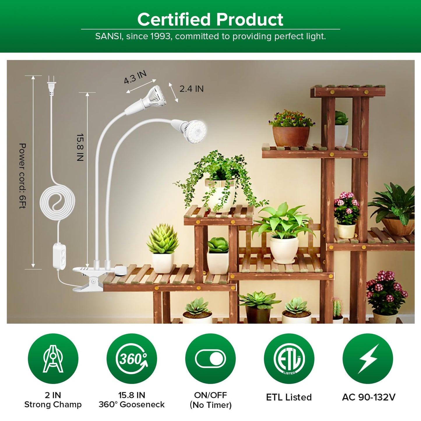 SANSI LED Grow Lights for Indoor Plants, 300W Full Spectrum Clip-on Gooseneck Grow Light with Ceramic Tech.,20W Plant Light for Indoor Growing High PPFD, Lifetime Free Bulb Replacement White, No Timer