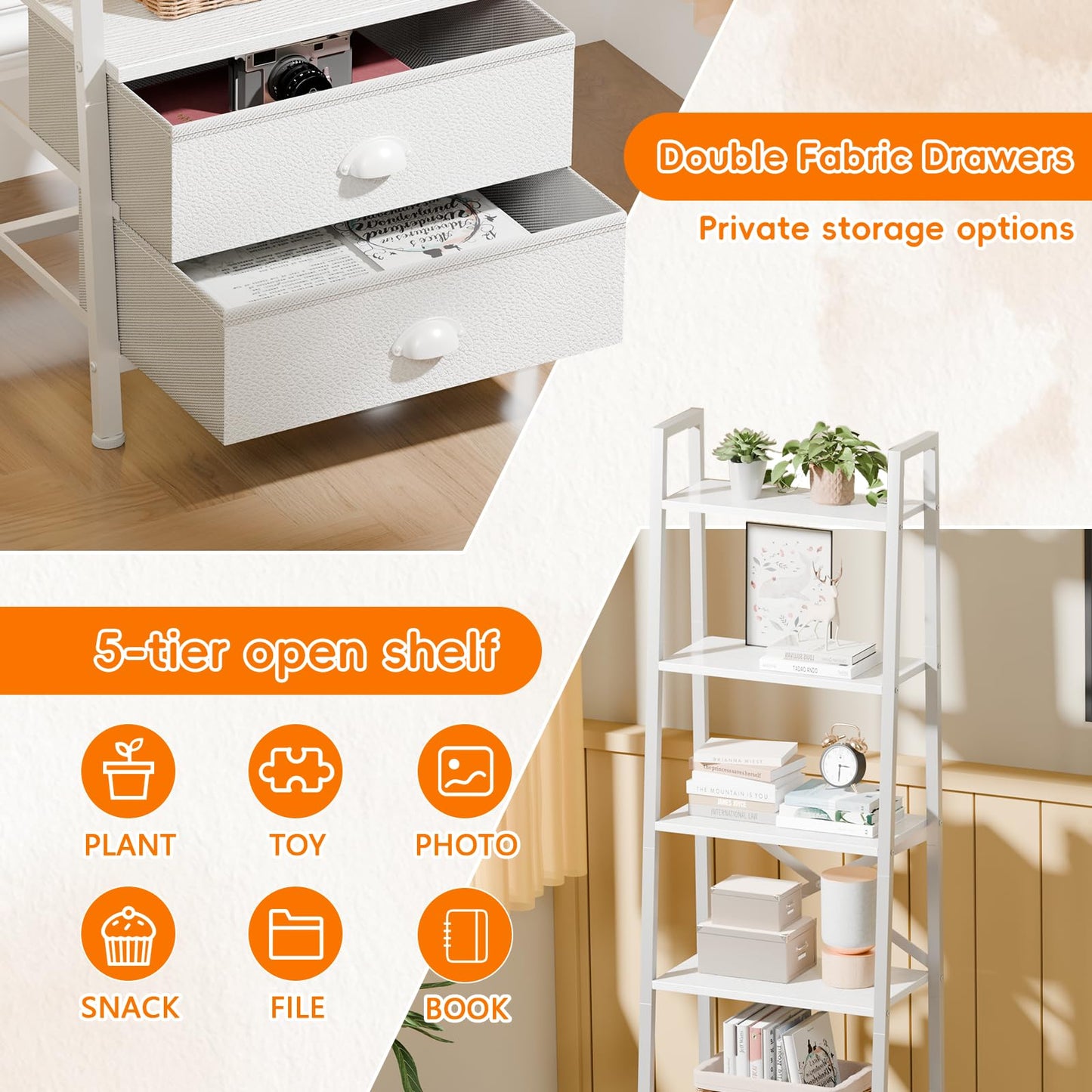 Furologee 5-Tier Ladder Shelf with 2 Drawers,Narrow Bookshelf Storage Shelves,Industrial Bookcase Freestanding Rack Units for Bedroom,Living Room,Bathroom,Home Office,Balcony,Wood Metal, White