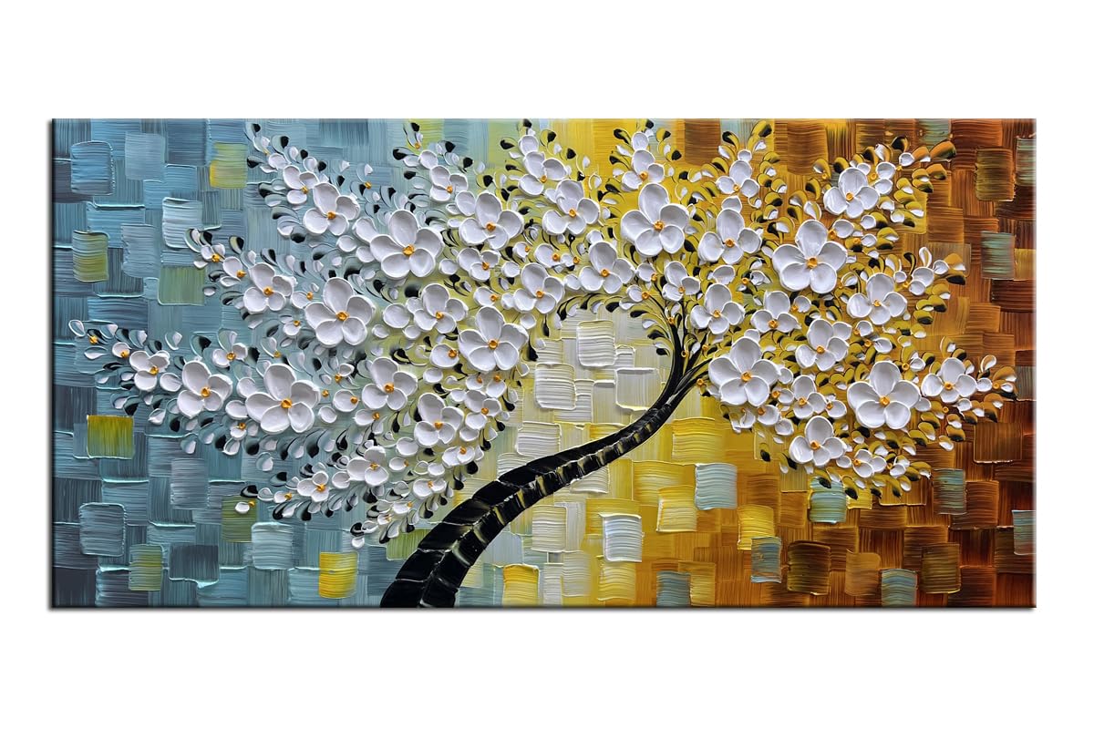 YaSheng Art - Wall Art Oil Painting ,100% HandPainted 3D Texture Wall Art Artwork White Flower Tree Paintings ,Abstract Canvas Wall Art ,Bedroom Dining Room Living Room Modern Wall Art Decor Home , Framed Wall Art Picture 24x48inch