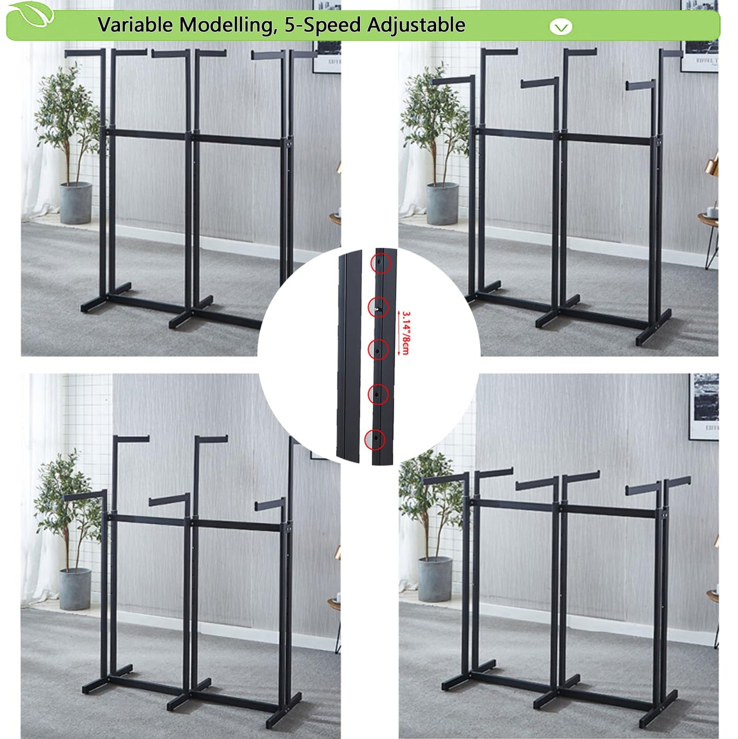 FKKPRVAX Floor Standing Metal Garment Rack - Heavy Retail Display Racks With Wheels, 8 Arms Clothing Rack, Square Tubing Portable Shirt Racks, Merchandise Display For Hanging Clothes (L-Black)