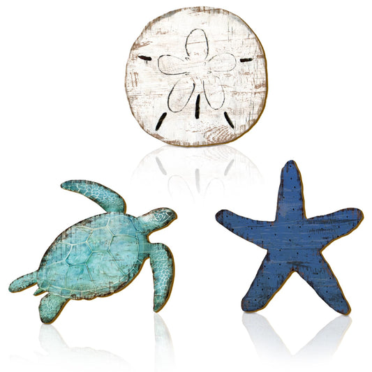 AceOrbit 3 Pcs Vintage Coastal Wooden Wall Decor Ocean Sea Turtle, Starfish & Sand Dollar Wall Art Rustic Beach Theme Hanging Decoration Gifts for Living Room, Bathroom, Bedroom