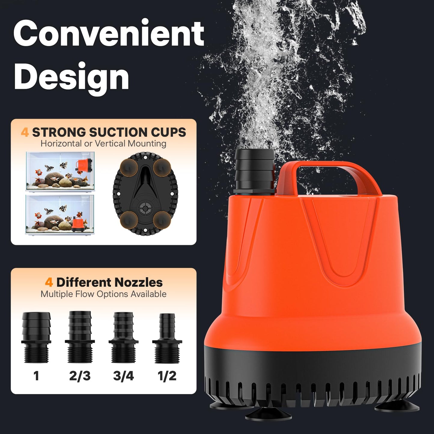 DOKO Small Submersible Water Pump, 660GPH Pond Pump with 6FT Power Cord and Handle, Ultra Quiet Pool Pump with 4 Nozzles and 4 Suction Cups, Drain Pump for Bathtub Pool Fish Tank