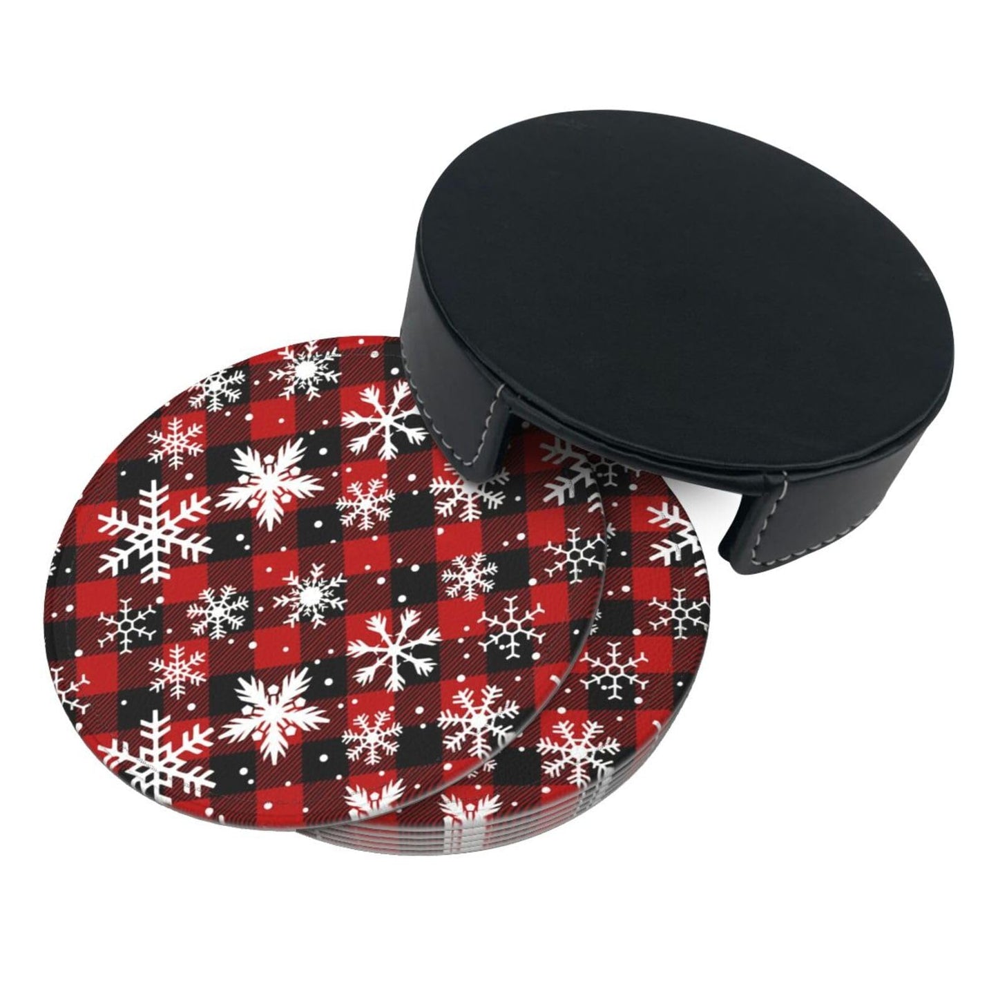 6 Pcs Christmas Coasters for Women Men, 4 Inch Xmas Red Plaid Coaster with Holder for Home Kitchen Office Table Decor