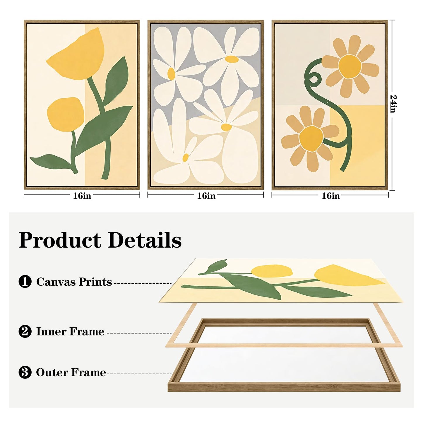 3Pcs Large Framed Botanical Canvas Wall Art, Modern Neutral Plant Abstract Canvas Prints, Minimalist Nature Wall Decor, Large Wall Art for Living Room Bedroom Office Farmhouse Decor 16 * 24in