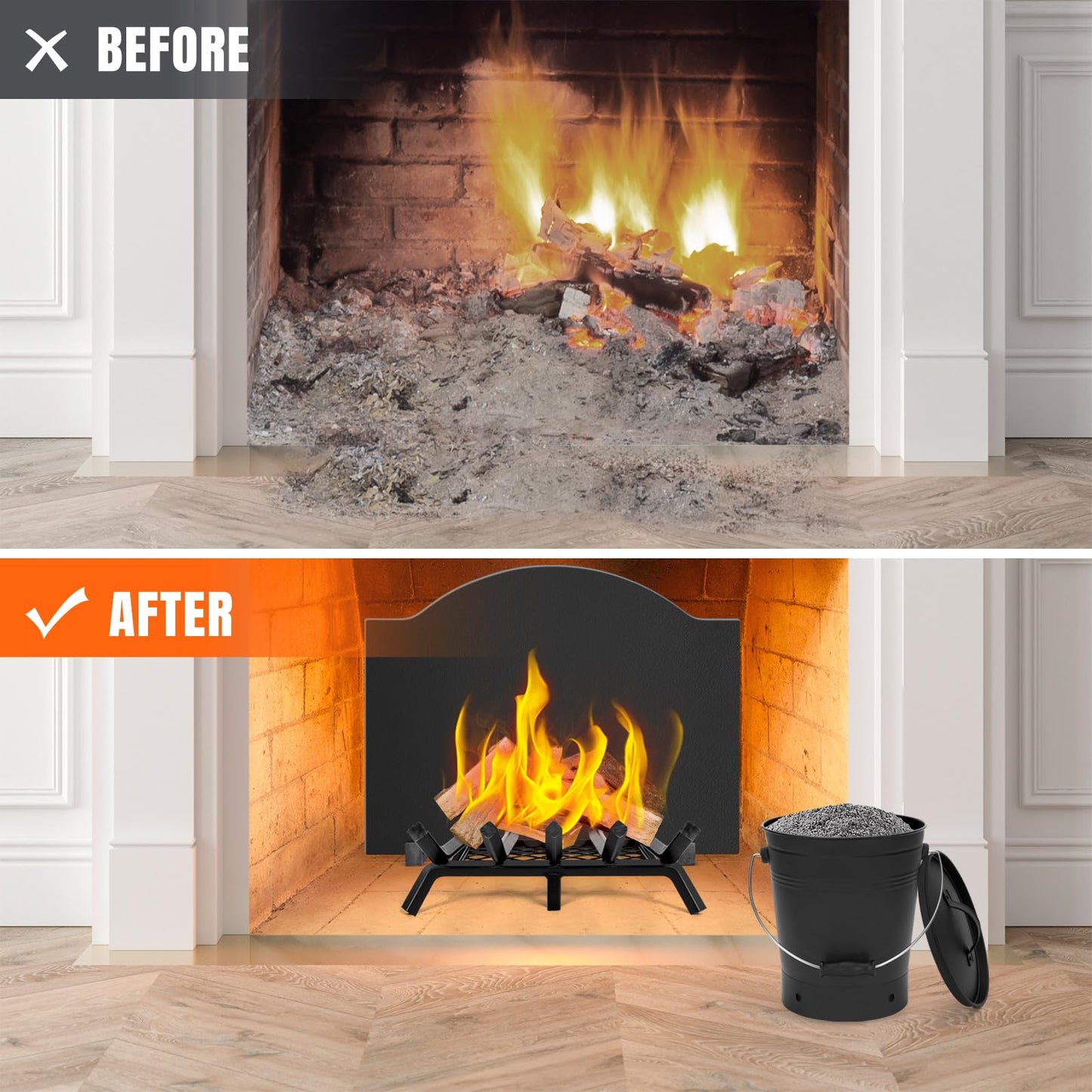 INNO STAGE Ash Bucket with Lid and Wood Handle Coal Shovel, Ash Carrier Pail Fireplace Tools,Fire Pit,Wood Burning Stove Black