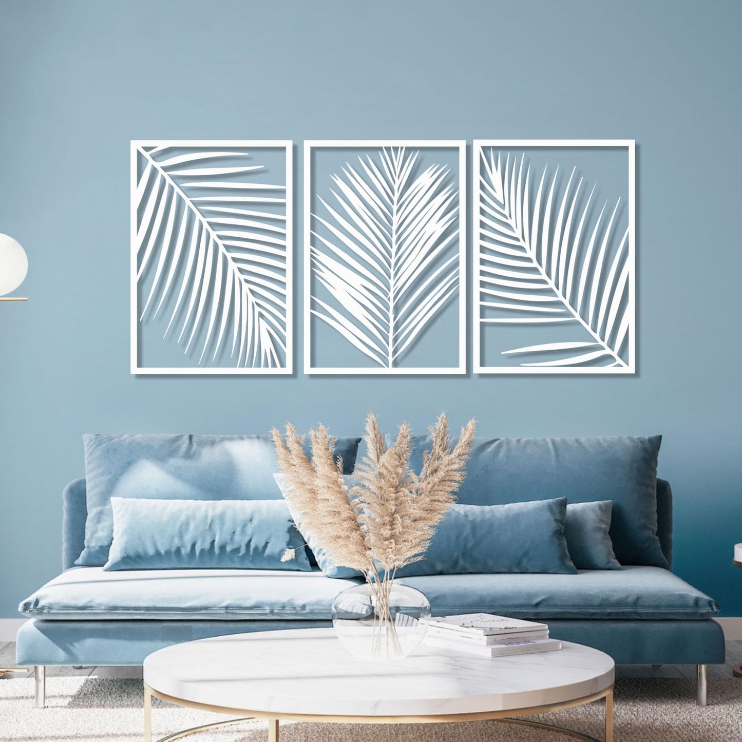Gasijet Metal Palm Leaves Wall Decor, Metal Leaves Wall Decor, Palm Leaf Art, Line Art Nature Plant Wall Art, Set of 3, Wall Decorations for Living Room, Bedroom (White, 39 x 19 in / 96 x 47cm)