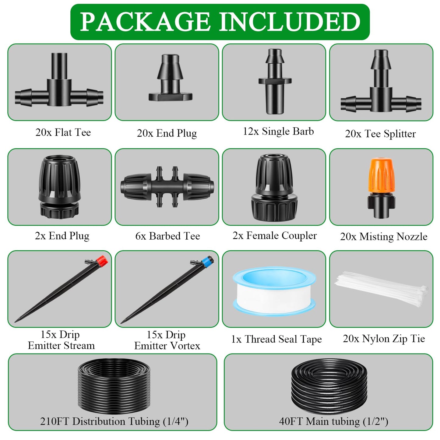 250FT Drip Irrigation System Kit, Automatic Drip Irrigation Kit with 1/2 inch Hose 1/4 inch Distribution Tubing and Accessories for Greenhouse, Yard, Lawn
