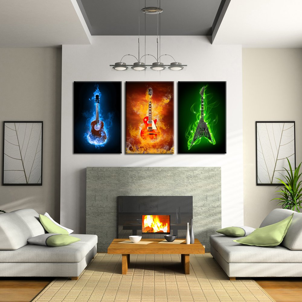 KREATIVE ARTS - 3 Pieces Canvas Prints Fire Burning Eletric Guitar Wall Art Painting Modern Musical Instruments Poster Framed for Living Room Decoration Ready to Hang 16x24inchx3pcs