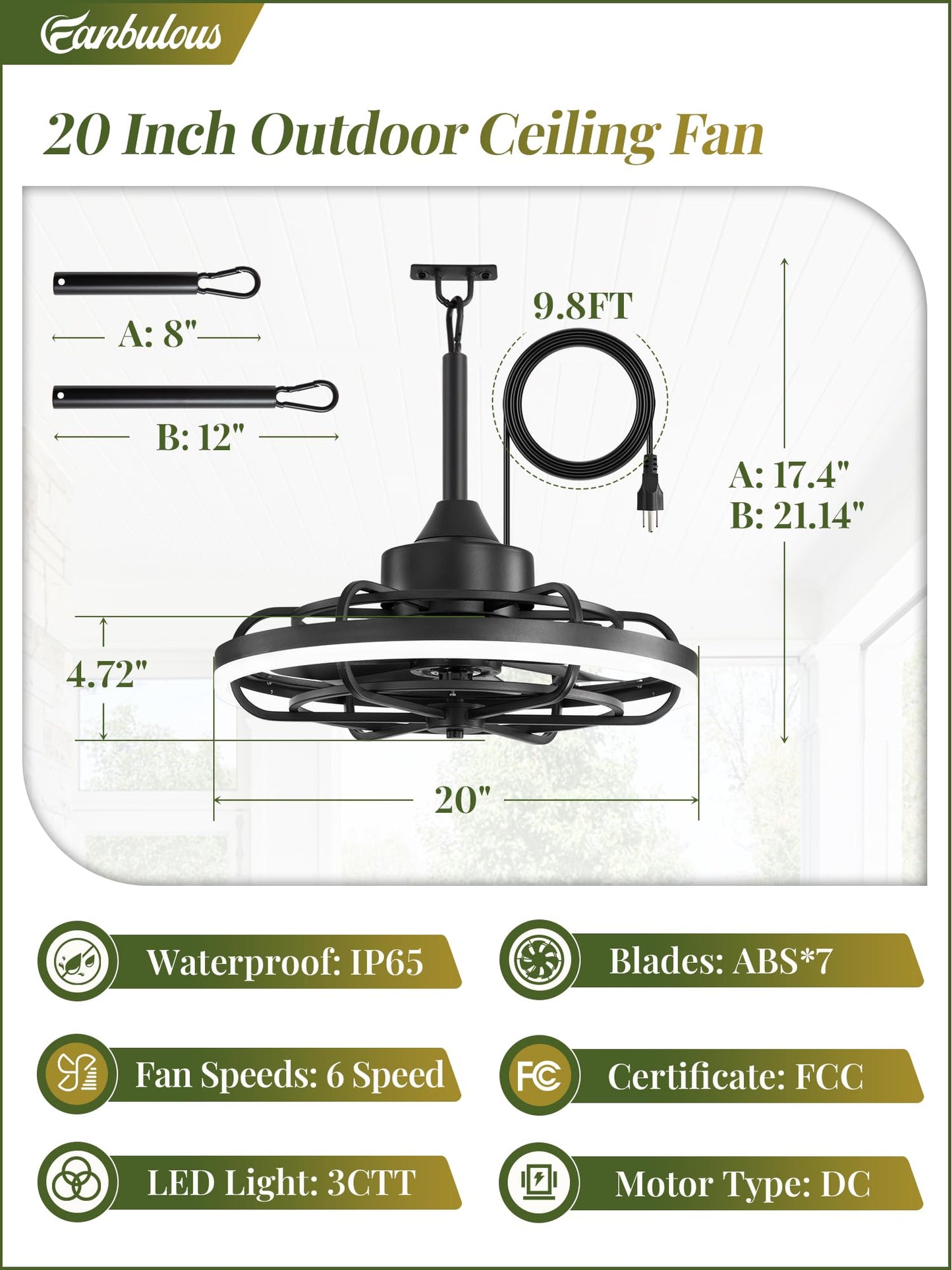 Fanbulous Outdoor Ceiling Fans with Light for Patios, 20" Weatherproof Plug in Ceiling Fan, Gazebo Fan Remote&APP Control, 3CCT Dimmable,Caged Ceiling Fan with Hanging Hook for Porch, Pergola,Canopy