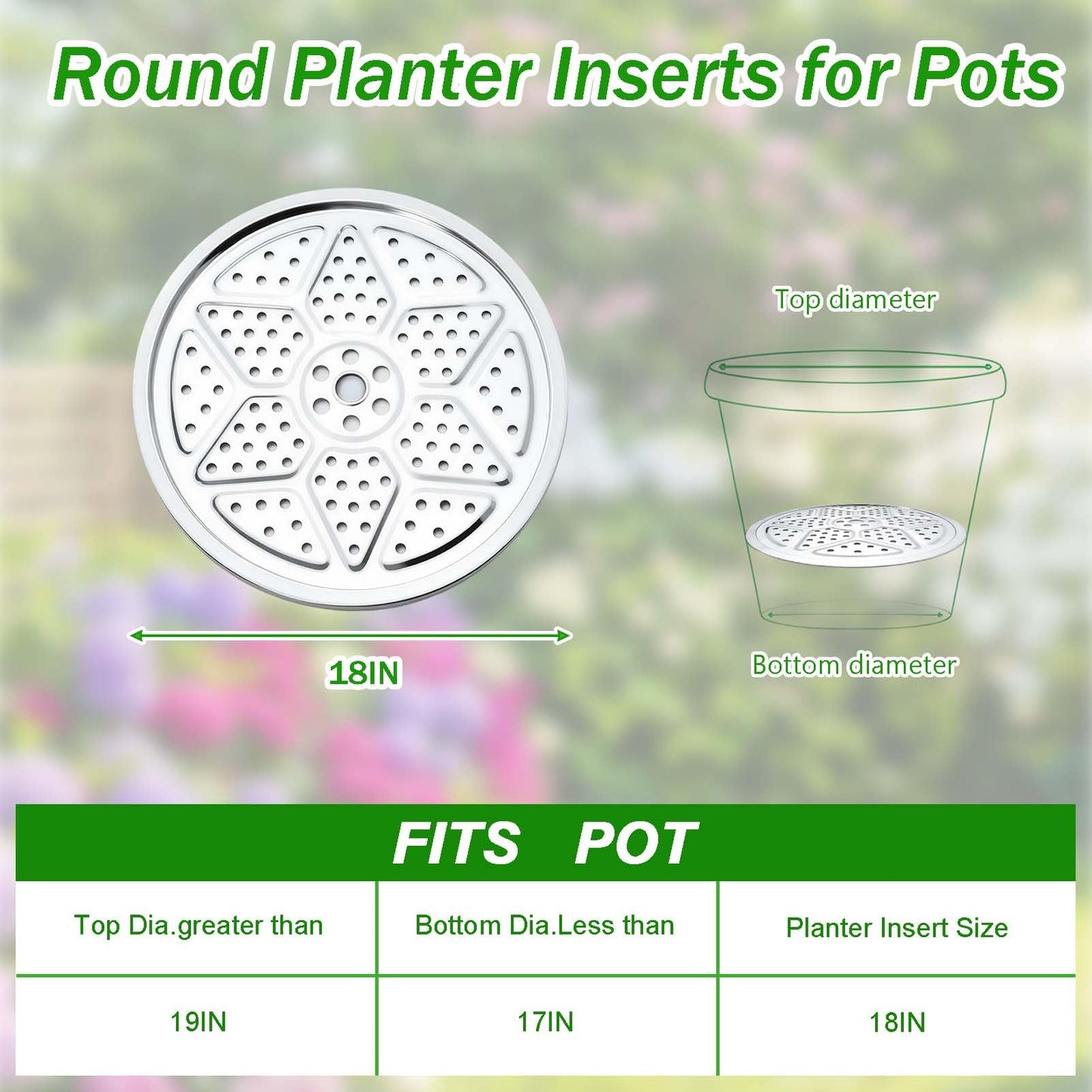 3PCS Round Planter Inserts for Large Tall Pots, 18" Stainless Steel Flower Pot Lift Insert Portable Planter Accessories Circular Plant Risers for Inside Pots with Drainage Hole, Use Less Potting Soil