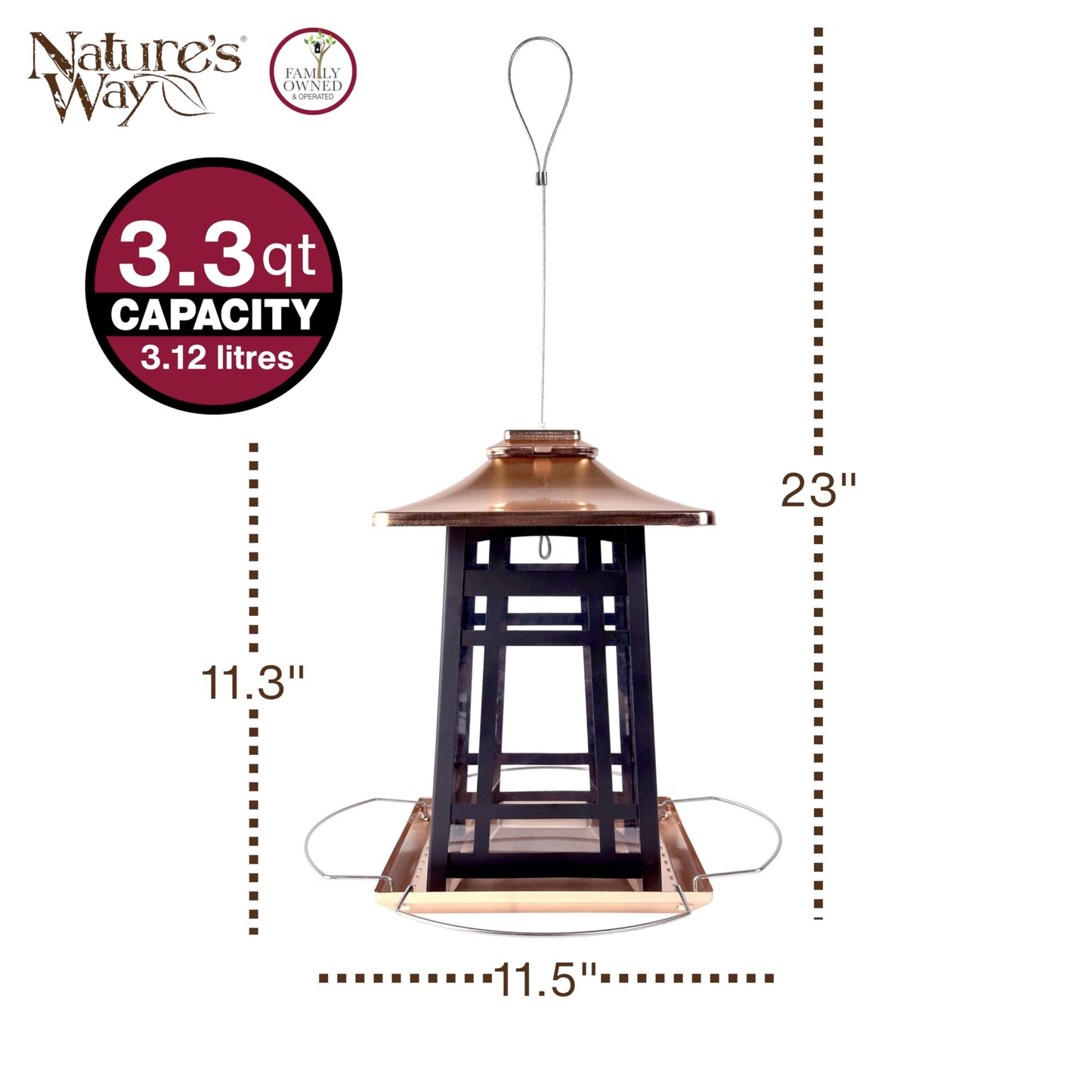 Nature's Way Outdoor Garden Décor Hanging Wild Bird Seed Feeder, Metal Copper Gazebo Feeder, Easy Fill, Rain Drainage, Black and Copper