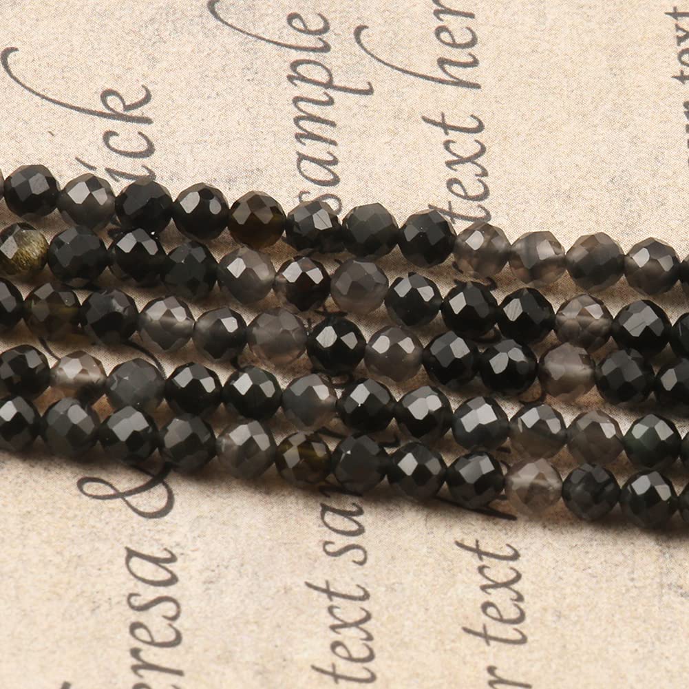 Song Xi 120pcs 3mm Natural Obsidian Gemstone Beads Faceted Round Loose Stone Beads for Jewelry Making
