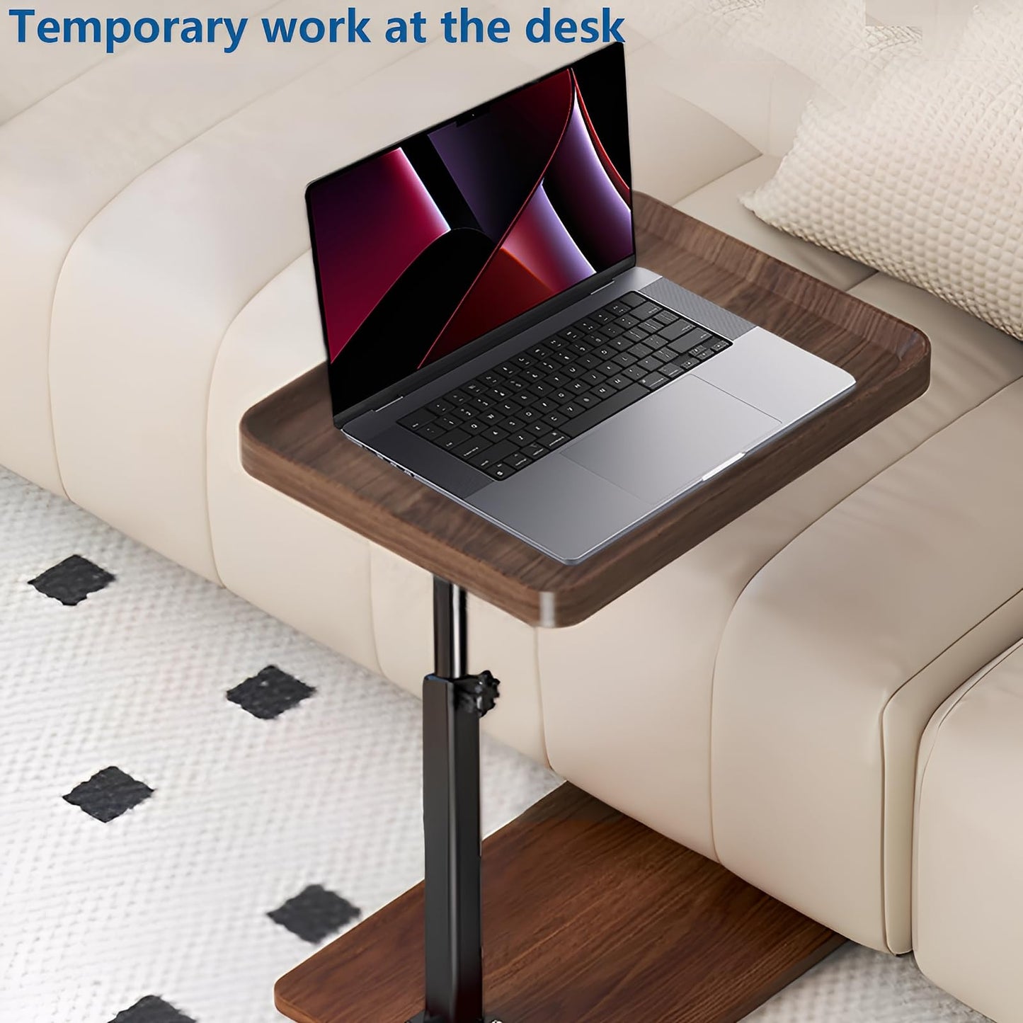 SJIE C Table End Table Adjustable Height, 360°Swivel TV Tray Table for Small Spaces, Side Tables with Wheels for Living Room and Bedroom, Bed (Walnut)
