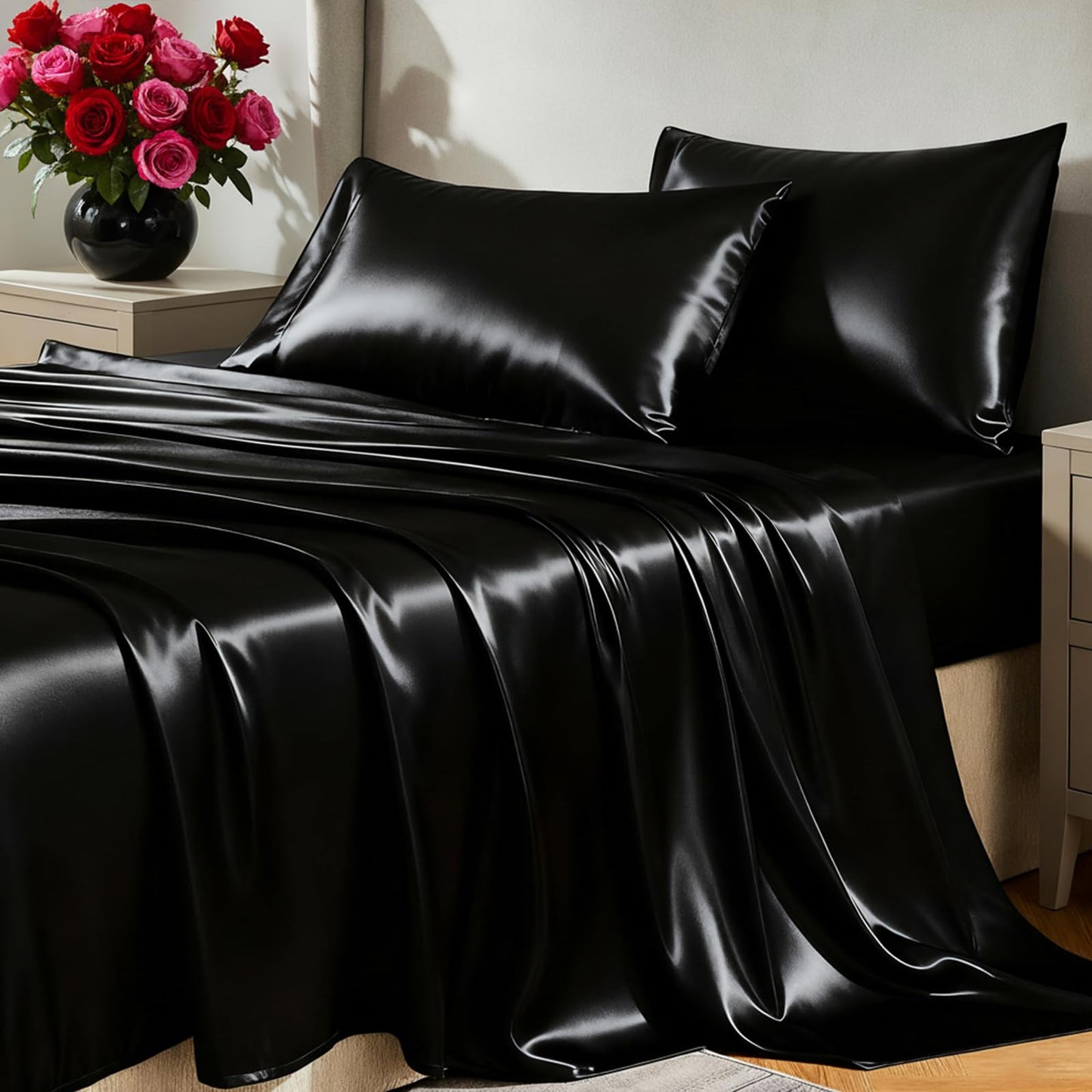 CozyLux Satin Sheets Queen Size Bed Set - 4 Piece Silky Queen Sheet Set, Luxury Black Queen Sheets with Smooth and Soft Microfiber, Includes 1 Fitted Sheet, 1 Flat Sheet and 2 Pillowcases
