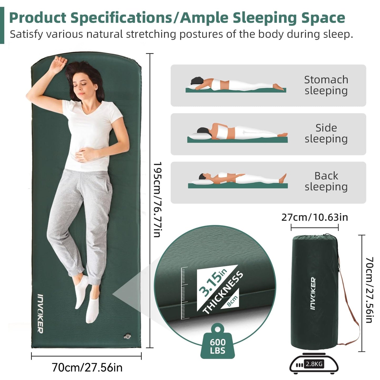 INVOKER 3.15" Self Inflating Camping Sleeping Pad, Ultra-Thick Elasticity Foam Fast Inflating 4-Season Insulated Durable Camping Mat Air Mattress with Pillow, for Tent, Car, Camping, Traveling, Green