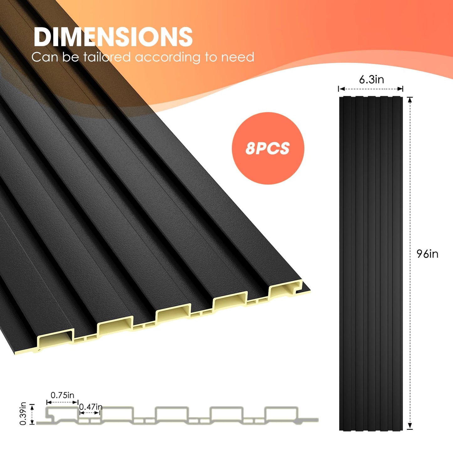 OUZUGIE WPC Acoustic Slat Wall Paneling, 8-Pack 96 x 6 Inches 3D Wall Panels for Interior Wall Decor,Living Room,TV Background,Study Room,Office Spaces,Bedroom,Low Grille (Black)