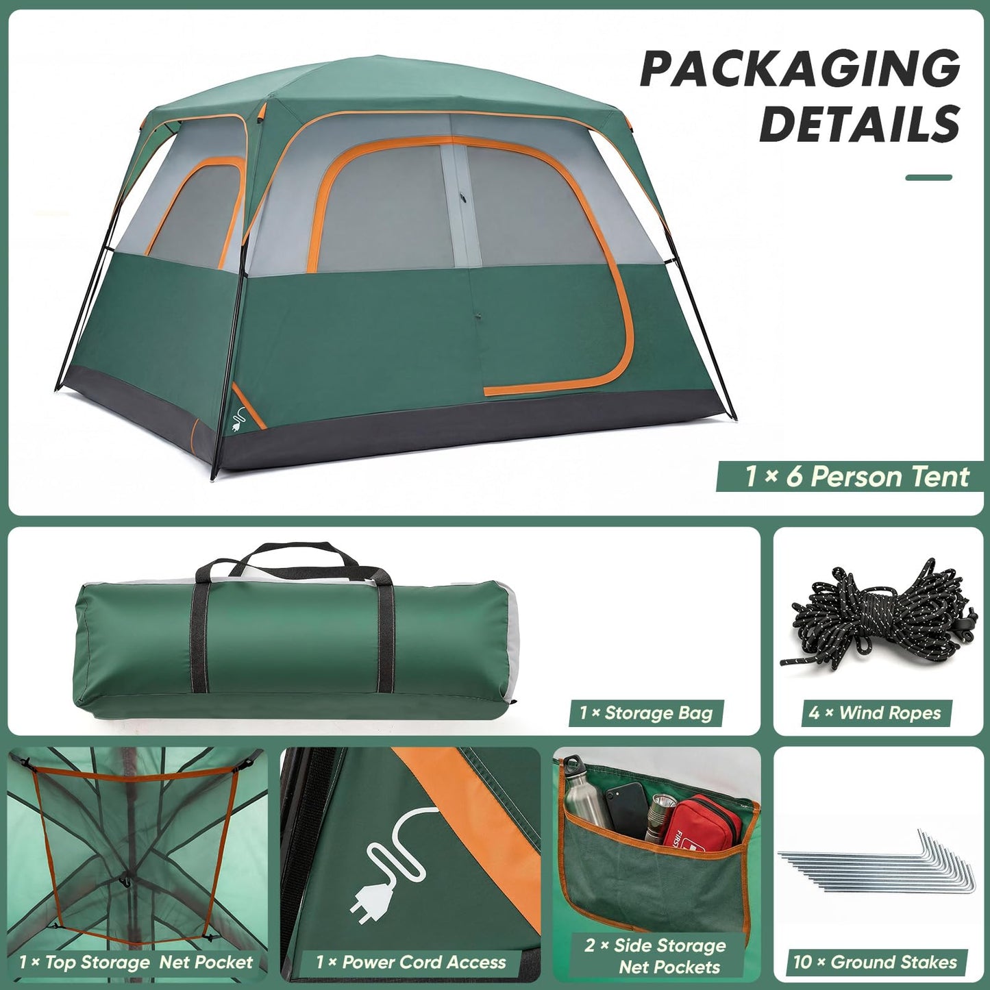 OLIXIS 6 Person Camping Tent, 81in Tall Waterproof Windproof Tent with Double Layer, Large Mesh Windows & Carry Bag, Quick Setup for Family Outdoor, Backpacking, Hiking, Green