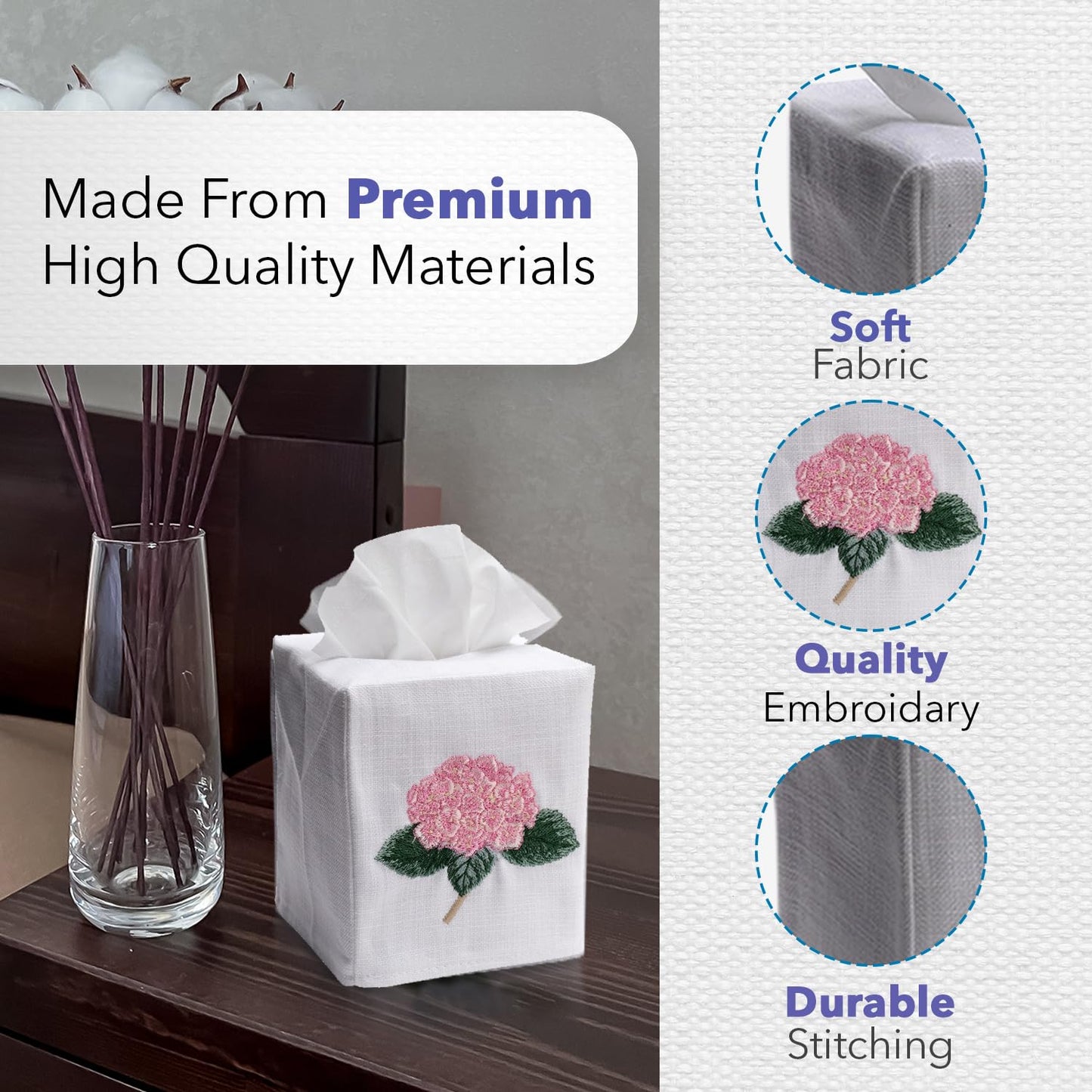 Jacaranda Living Square Tissue Box Cover, Linen/Cotton Fabric Tissue Holder, Decorative Cloth Tissue Cube Cover, Scrolls Design Amalfi Scroll, Blue
