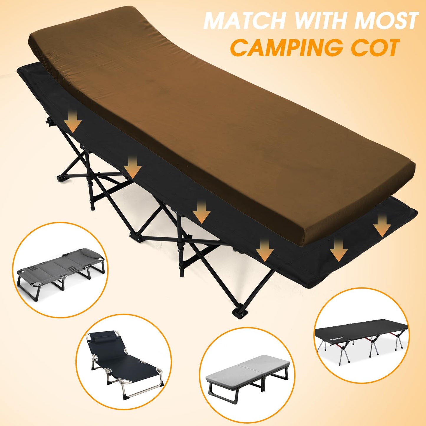 CYMULA Camping Cot Mattress 2in Memory Foam Sleeping Pad,Soft Warm Non-Slip Camping Mattress Topper with Retaining for Adults,Portable Roll up Pad for Travel(Brown 75"x30")