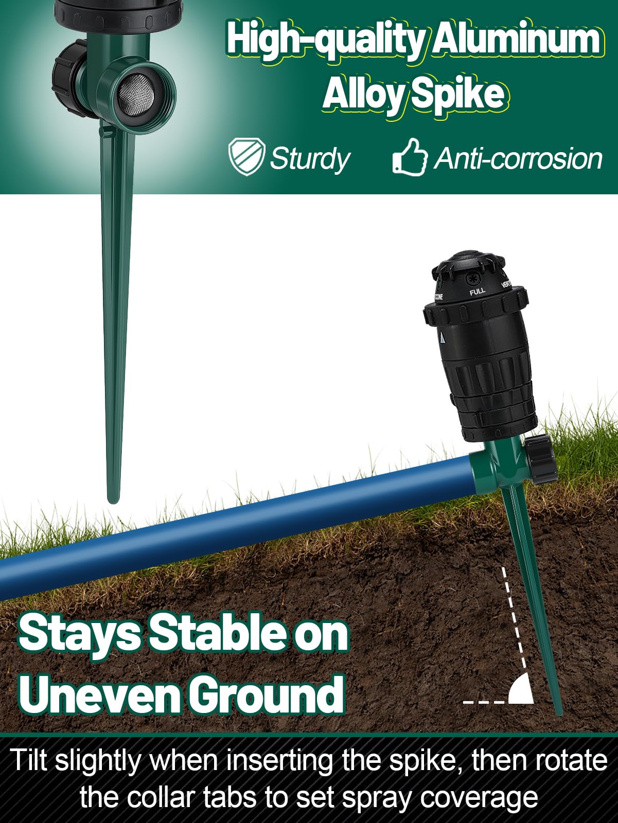 Sturdy Aluminum Alloy Spike Sprinklers for Yard - Adjustable Spray Coverage & 5 Spray Patterns Lawn Sprinkler, Efficient Irrigation System for Medium Large Garden Uneven Ground, 2 Pack