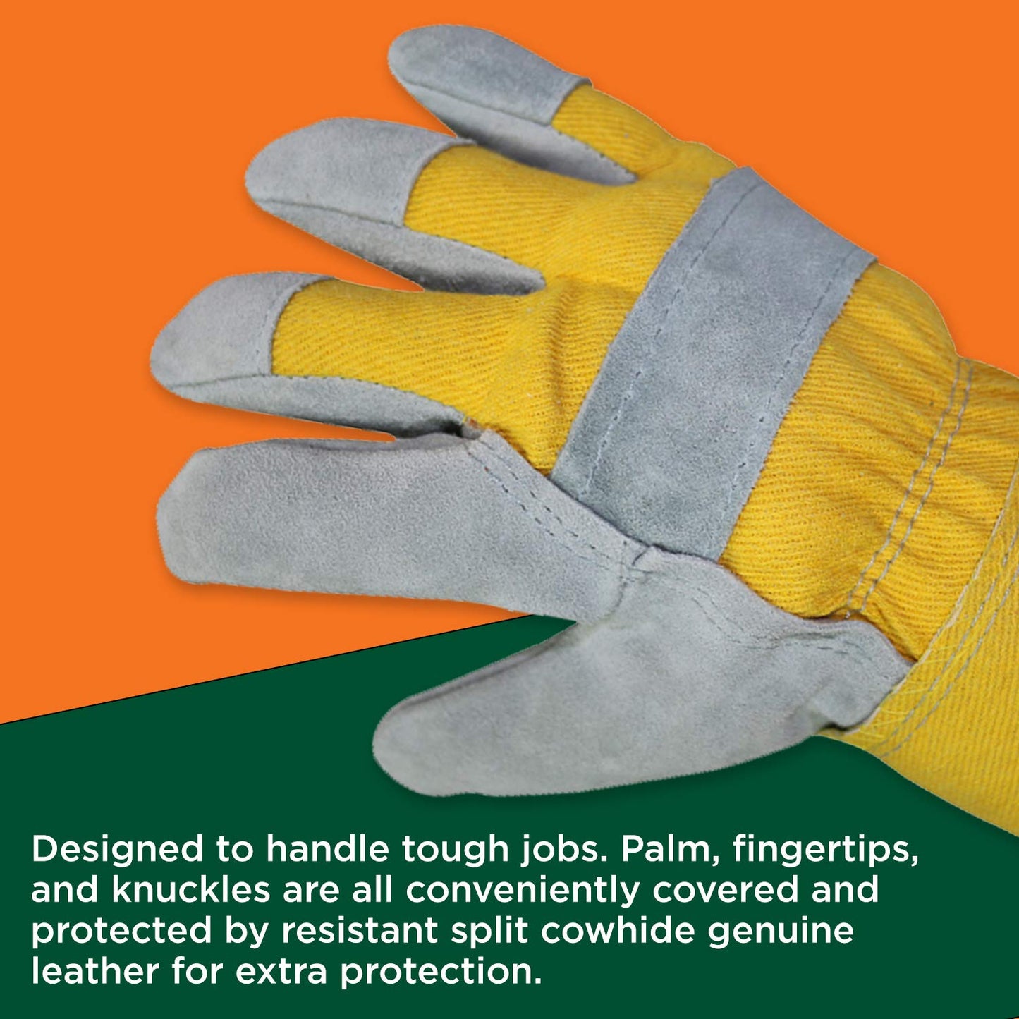 WOLF Yellow Canvas Genuine Cowhide Heavy-duty Leather Palm Work Gloves (12 pairs)