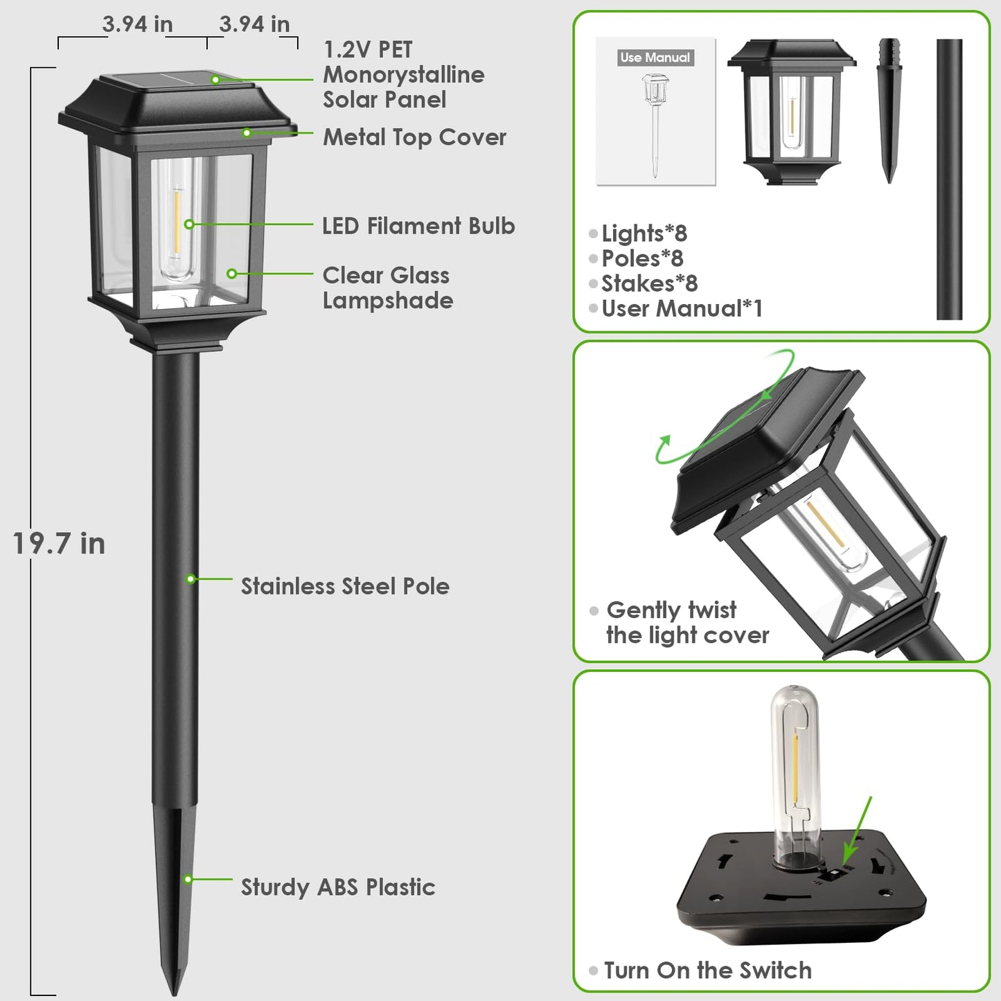 Mancra Solar Outdoor Lights Waterproof, 8 Pack Metal Glass Solar Pathway Lights Outdoor Lighting Garden Decor for Landscape Path Yard Patio Driveway (Warm White)