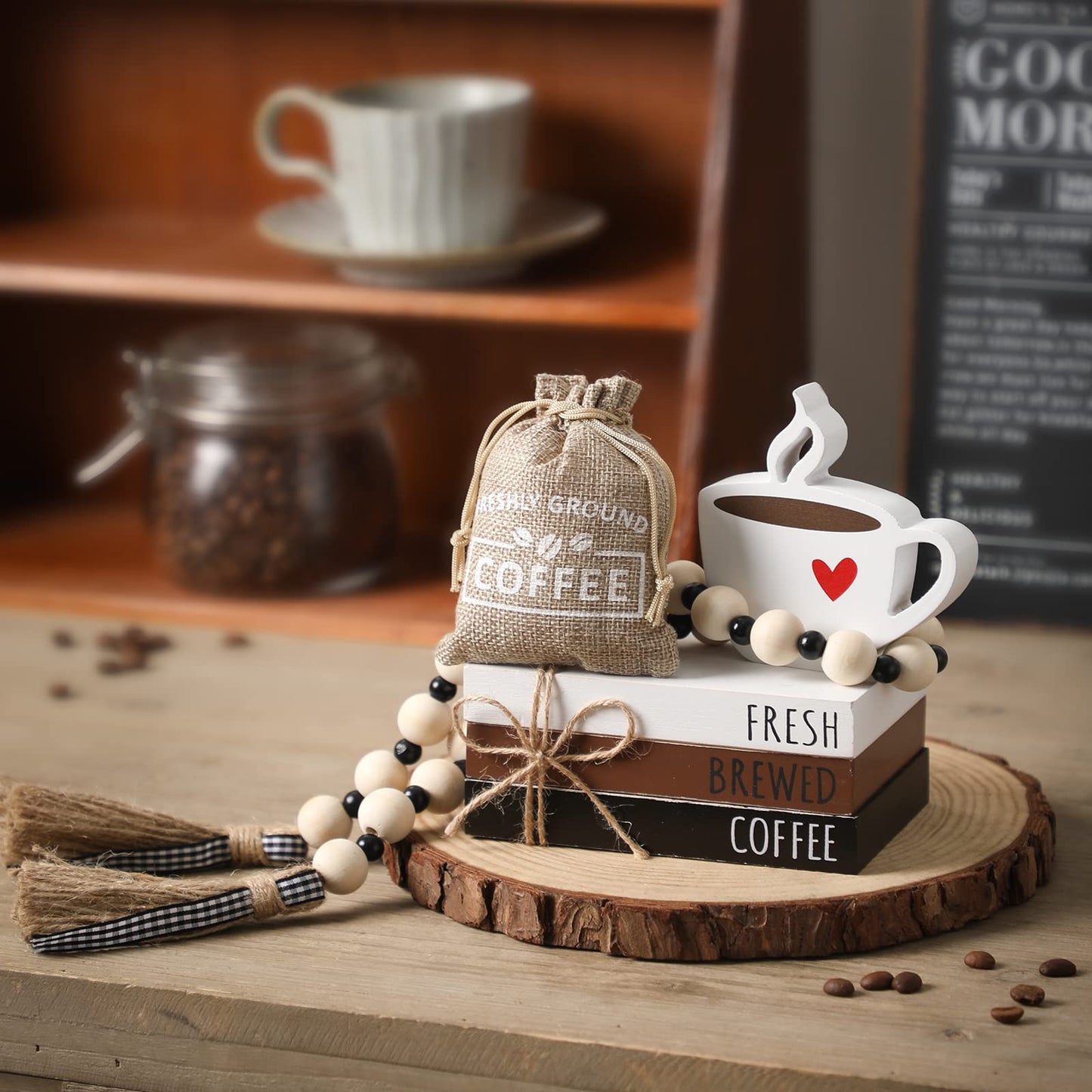 Coffee Bars Decor, 6 PCS Coffee Bar Decorations,Mini Wooden Book Stacks with Bead Garland, Coffees Bar Accessories for Tiered Tray,Table,Shelf,Rustic Farmhouse Home Decor