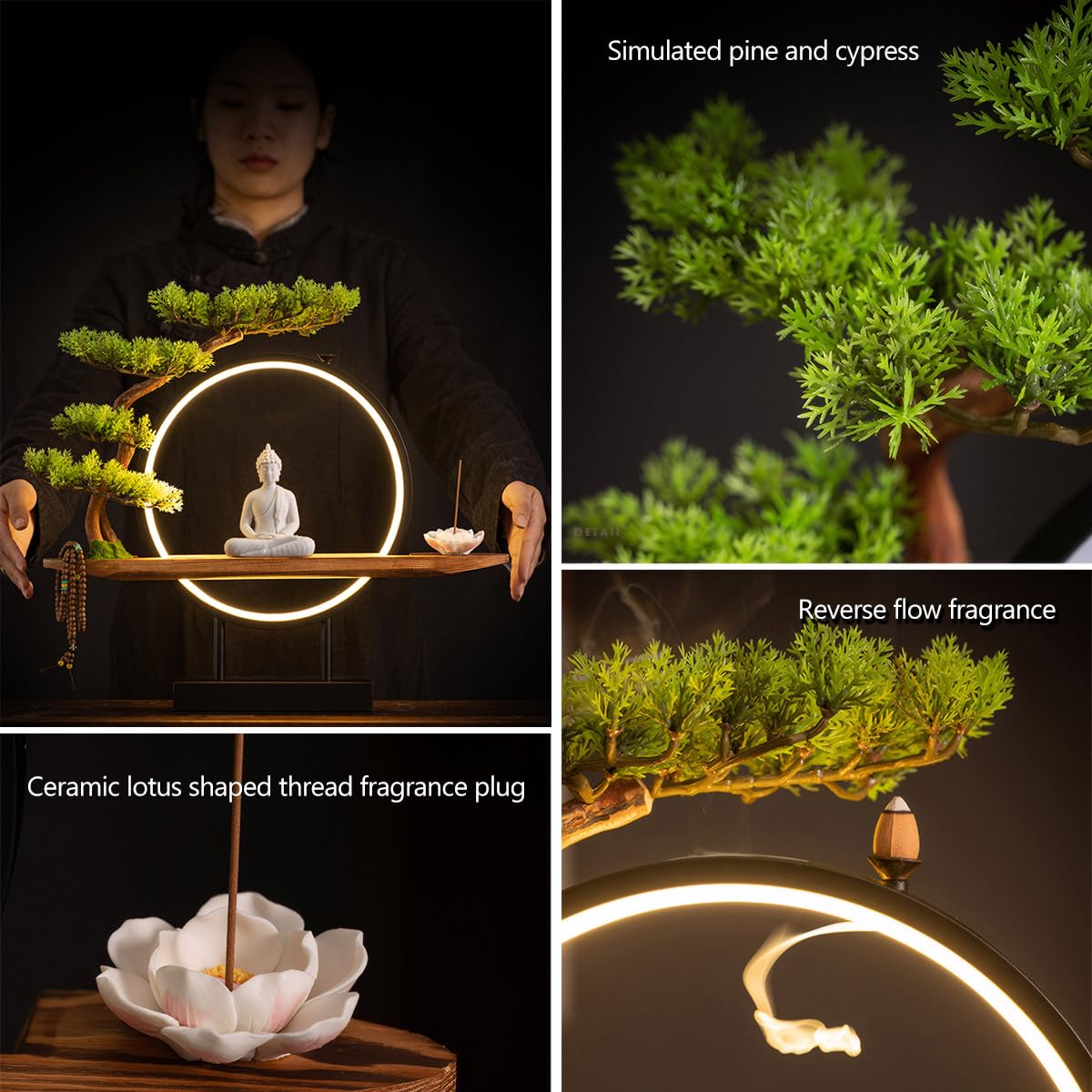 TXYXT Shakyamuni Buddha Ceramic Statue Indoor Backflow Incense Burner with Led Ring Light，Meditation Decoration for Home and Office, Suitable for Cone and Stick Incense