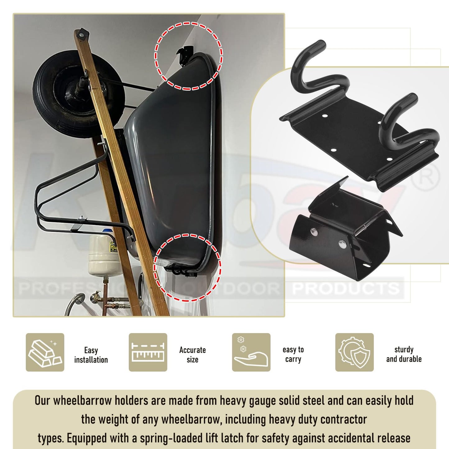 Wheelbarrow Storage Bracket - 90 lbs Capacity, Heavy Duty Storage Hook for Most Wheelbarrows Designs, Comes with a Spring Loaded Lift Latch Safety Catch Feature