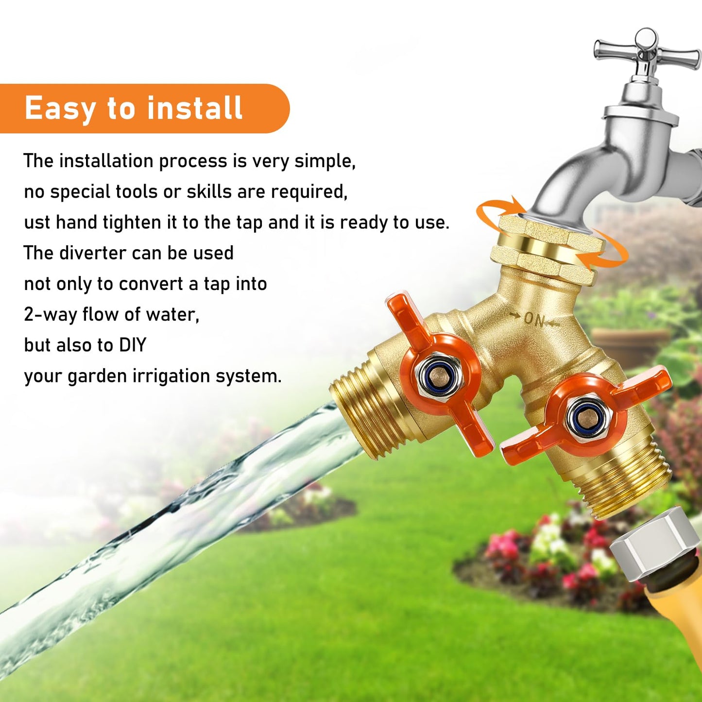 IPOW Upgrade Full Flow Garden Hose Splitter with Stainless Steel Handle, Brass Heavy Duty 2 Way Y Valve Garden Hose Splitter High Flow Spigot Splitter + 6 Rubber Hose Washers with Comfort Grip Use