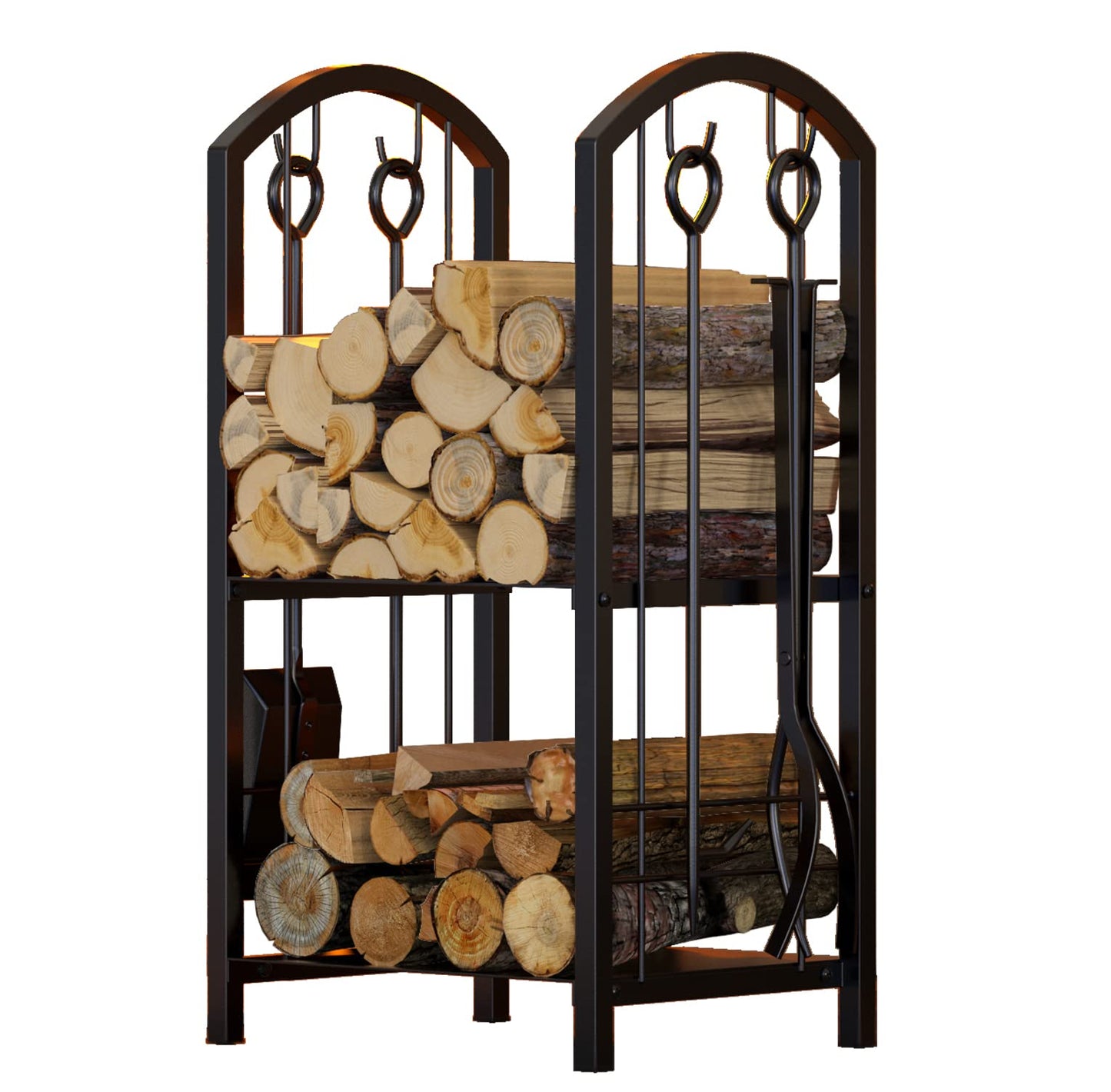 Fire Beauty Fireplace Firewood Log Rack 5-Piece Storage Logs Holder with Tools Set with 4 Tools Set Fireside Holders Wood Lumber Storage Stacking Black