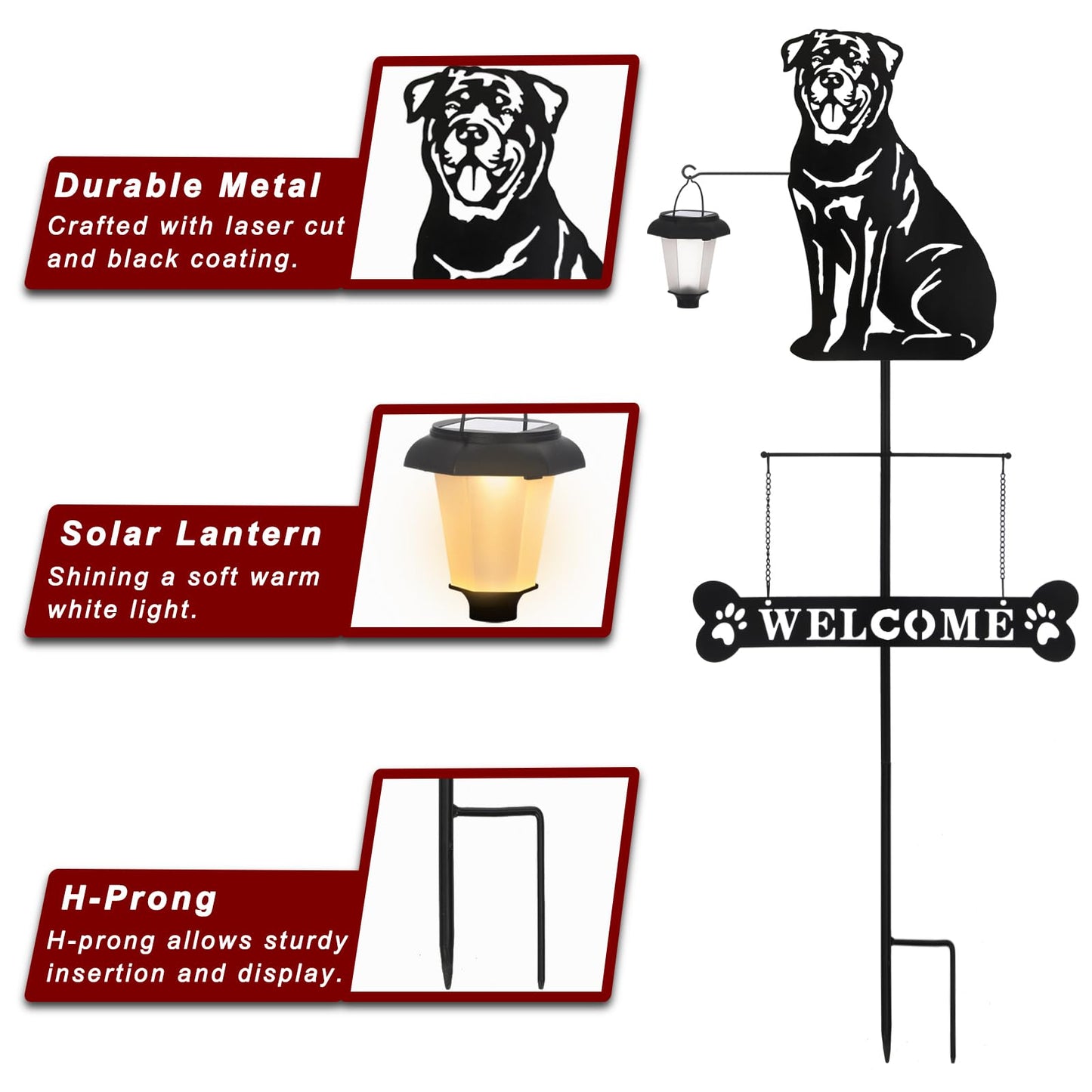 BAYN Solar Rottweiler Silhouette Dog Breed Welcome Sign with a Lantern Outdoor Decorative Garden Stakes for Yard, Lawn, Patio, Pathway