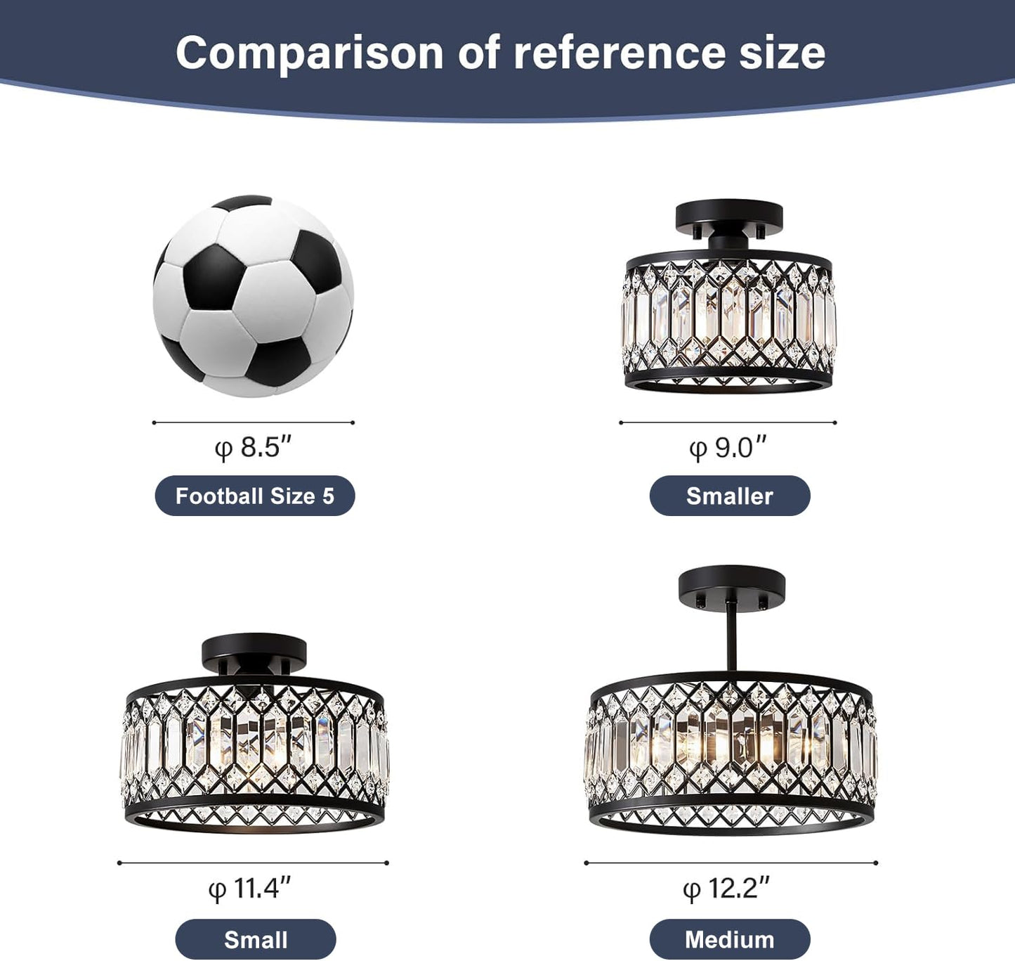 Pevfah Crystal Black Ceiling Light, Modern Semi Flush Mount Ceiling Lighting Fixture, Round Hallway Lighting Fixtures for Kitchen Entryway Bedroom Laundry Room, 1-Light, 9 Inch