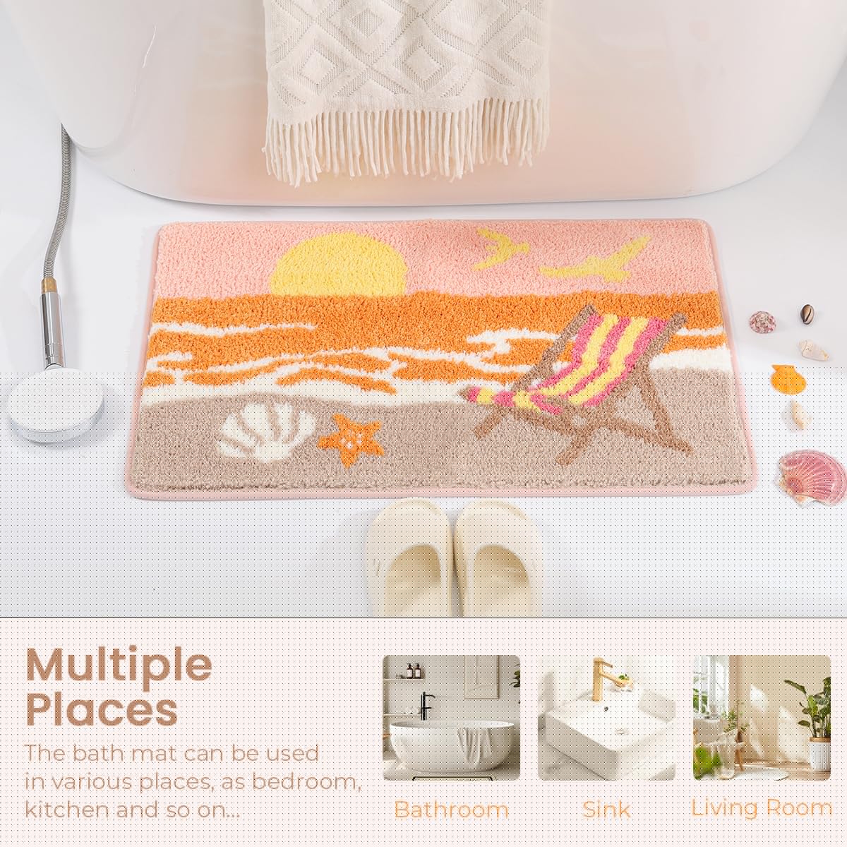 Cute Beach Bath Rug Super Absorbent Non Slip Modern Bathroom Mat Machine Washable Fluffy Carpet for Tub, Shower and Bedroom (Pink Beach, 23"x16")
