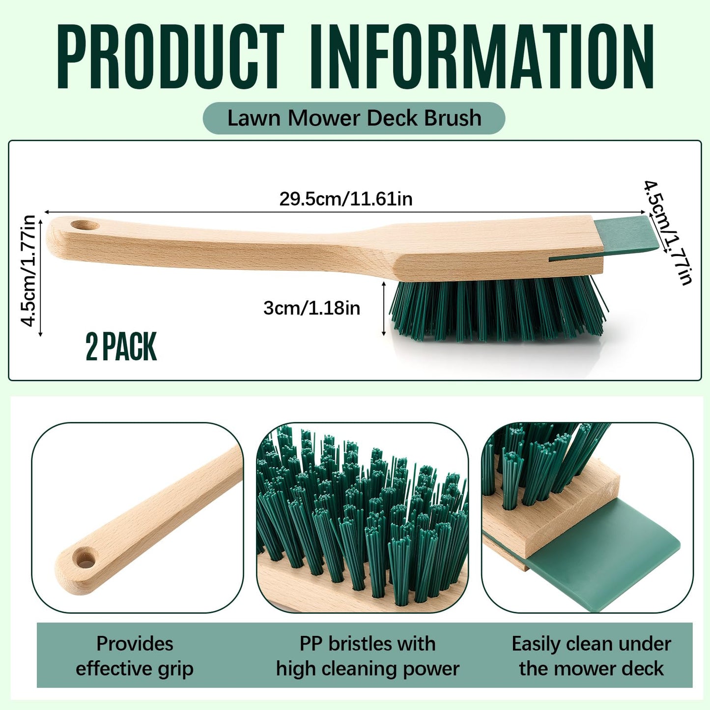 CroBlissful 2 Pcs Heavy Duty Scrubbing Brush Stiff Bristle Brush with Wood Handle and Scraper for Lawn Mower Deck Scraper Cleaning Outdoor Boot Scrub Brushes