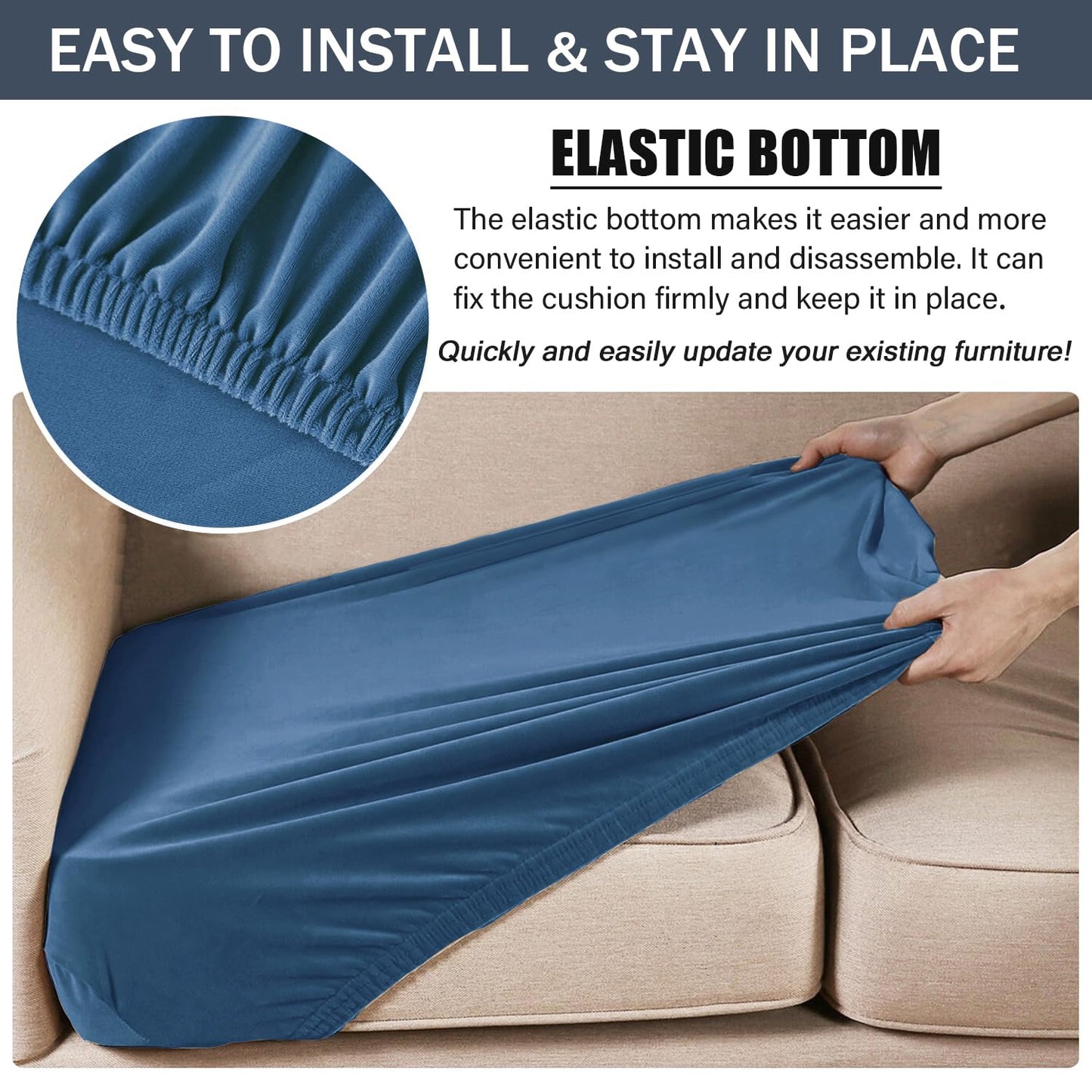 Stretch Cushion Cover, Soft Velvet Plush Cushion Slipcovers Loveseat Sofa Covers Couch Seat Covers Furniture Protector with Elastic Bottom (Medium, Blue)