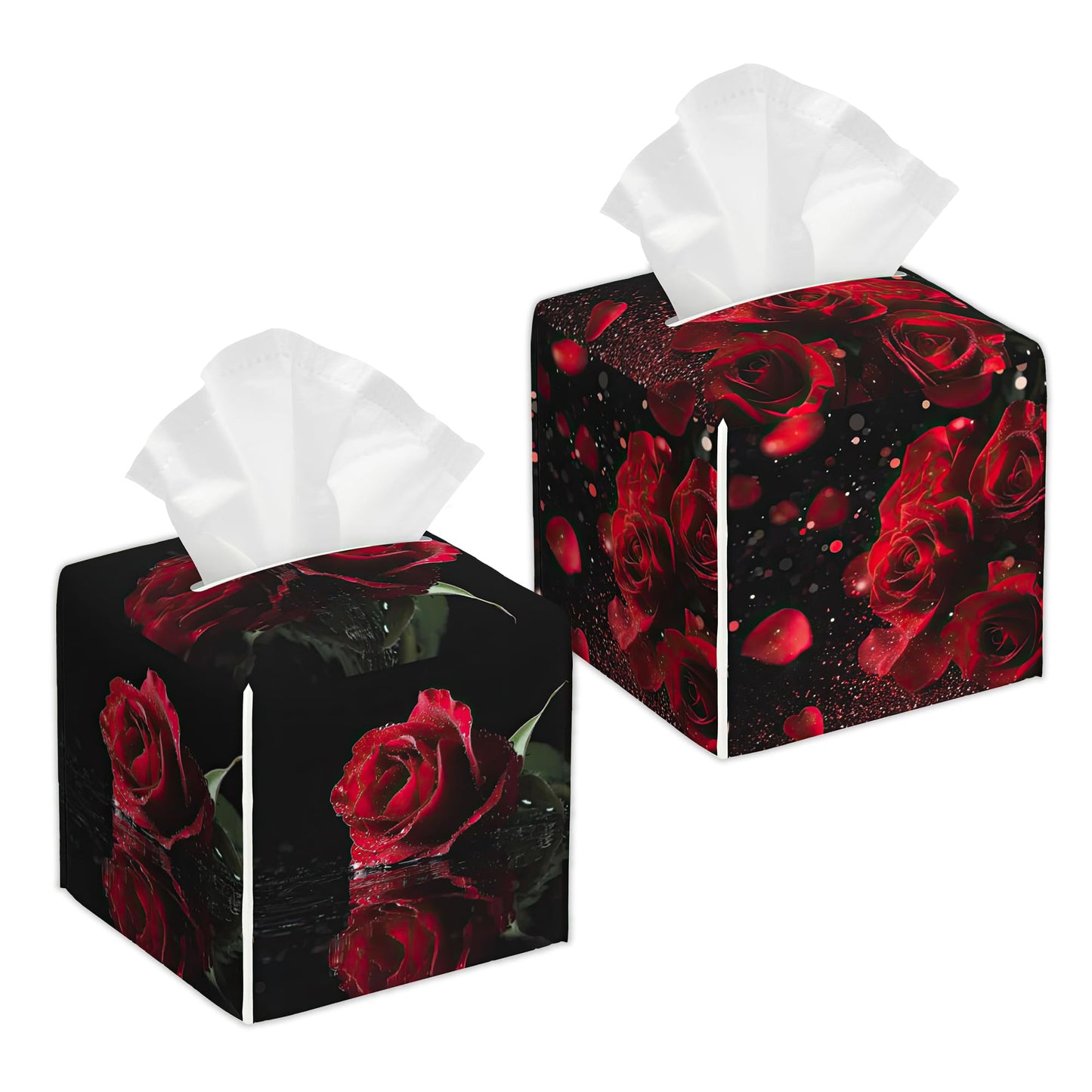 2 Pcs Tissue Box Cover Square Leather Tissue Case Holder Facial Paper Organizer Decorative for Bathroom Kitchen Car Office Home Decor (Rose Flowers Valentines Day)