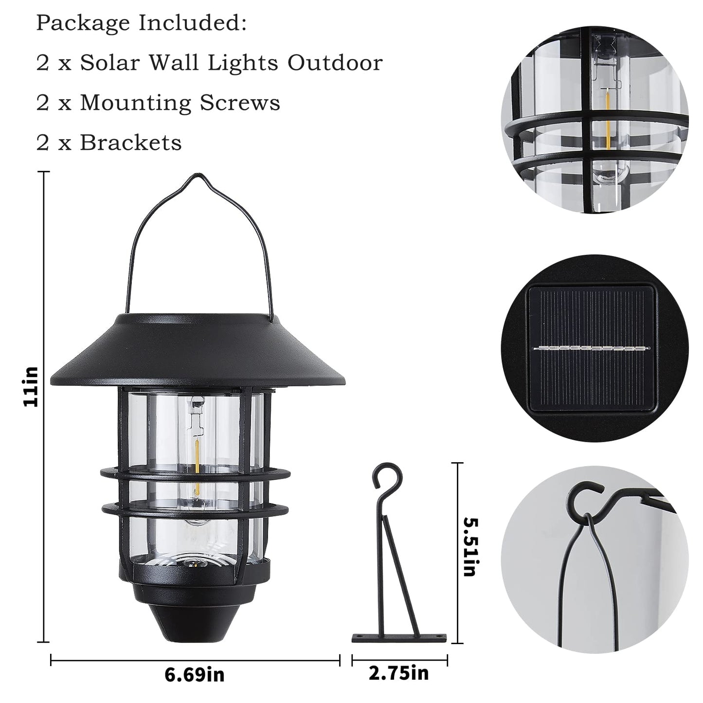 2 Pack Solar Lanterns Outdoor, Hanging Solar Lights for Outside Glass Metal with Wall Mount Bracket,Waterproof Auto Dusk to Dawn Garden Lantern for Fence Porch Decor- Warm White