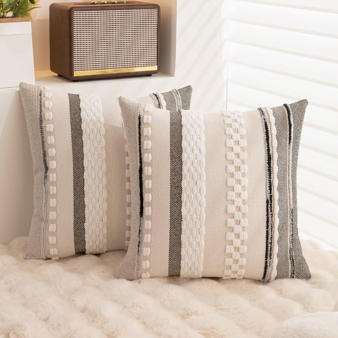 WANLIRD Boho Throw Pillow Covers 18x18 Set of 2 Farmhouse Decorative Cushion Case Striped Square Pillows Cover Chenille Pillow Cases Accent Neutral Pillowcase for Sofa Couch Bed,White