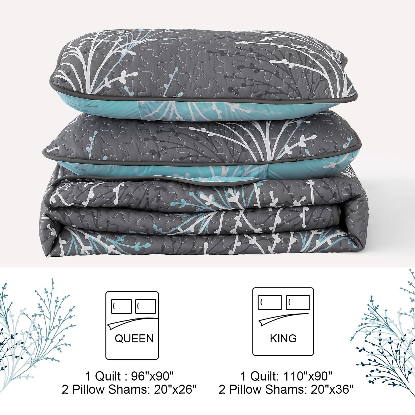 DJY Full Size Quilt Set Grey Blue Reversible Bedspread Coverlet Set 3 Piece, Branch Floral Lightweight Microfiber Botanical Quilted Bedding Set with Pillowcases for All Season (78''x90'')