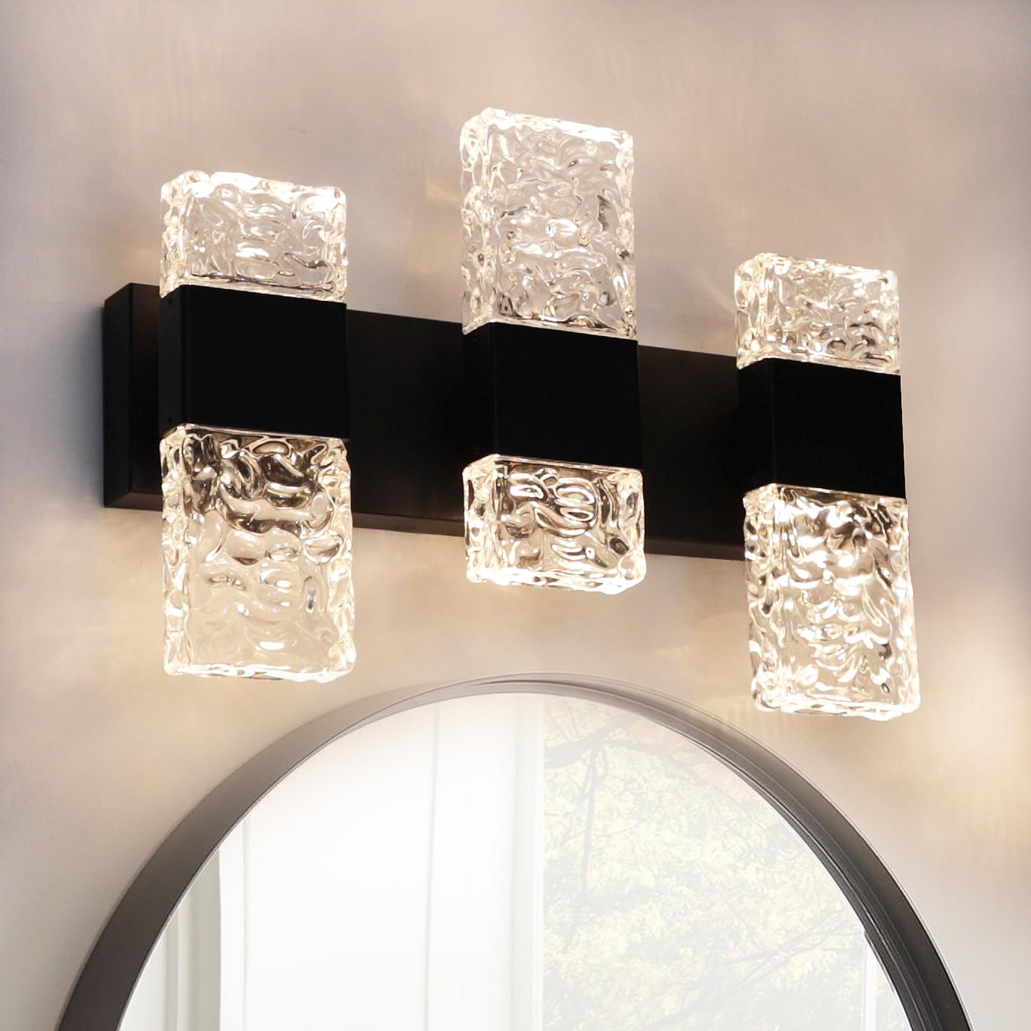 VINLUZ 3 Light Modern Bathroom Lighting Fixture Over Mirror in Matte Black Finish,3000K Dimmable Crystal Wall sconces LED Hardwired Vanity Light for Hallway Gallery