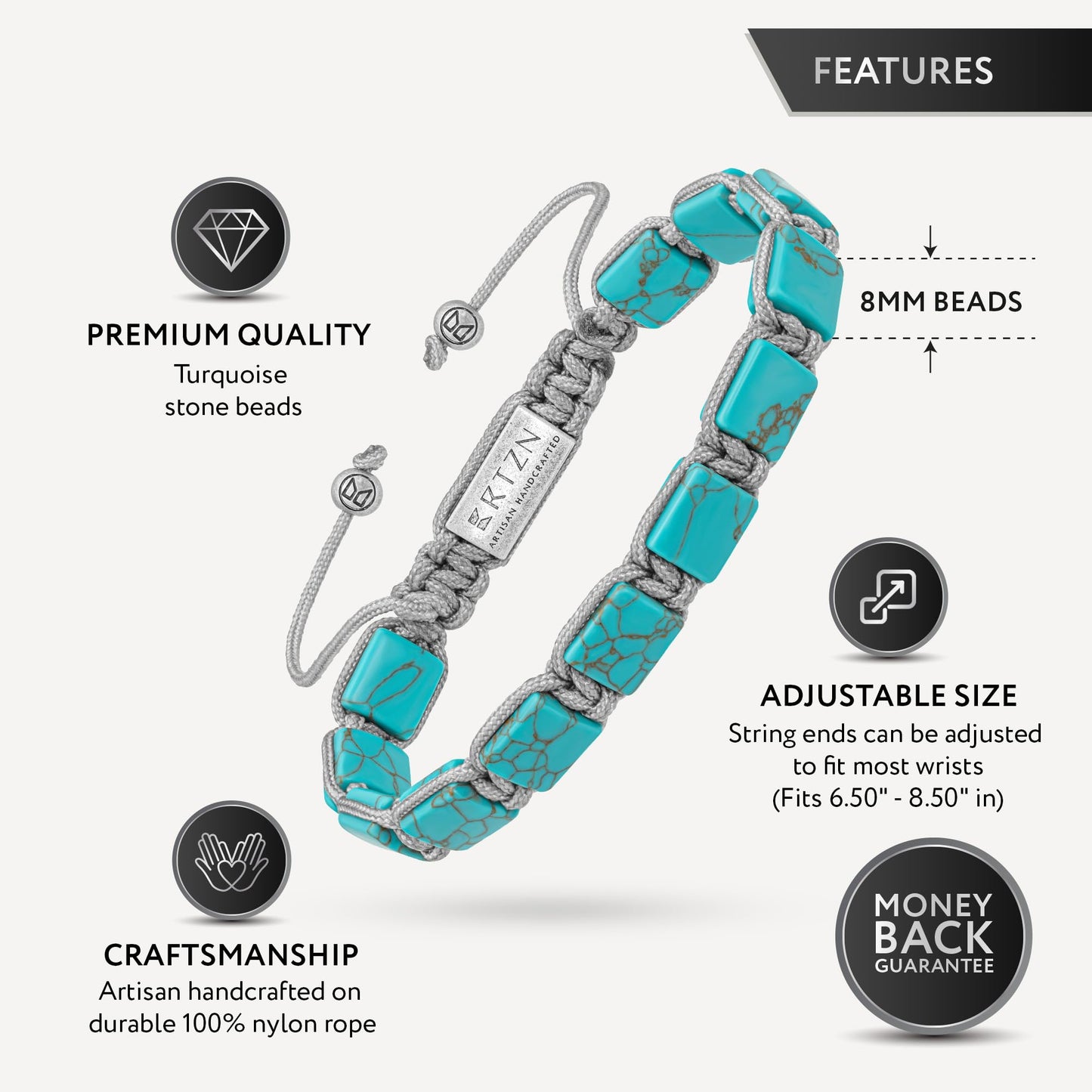 RTZN® Mens Turquoise Bracelet – Premium Handcrafted Western Turquoise Bracelets for Men And Women – 8MM Flat Bead Adjustable Turquoise Beaded Bracelet (Havana)