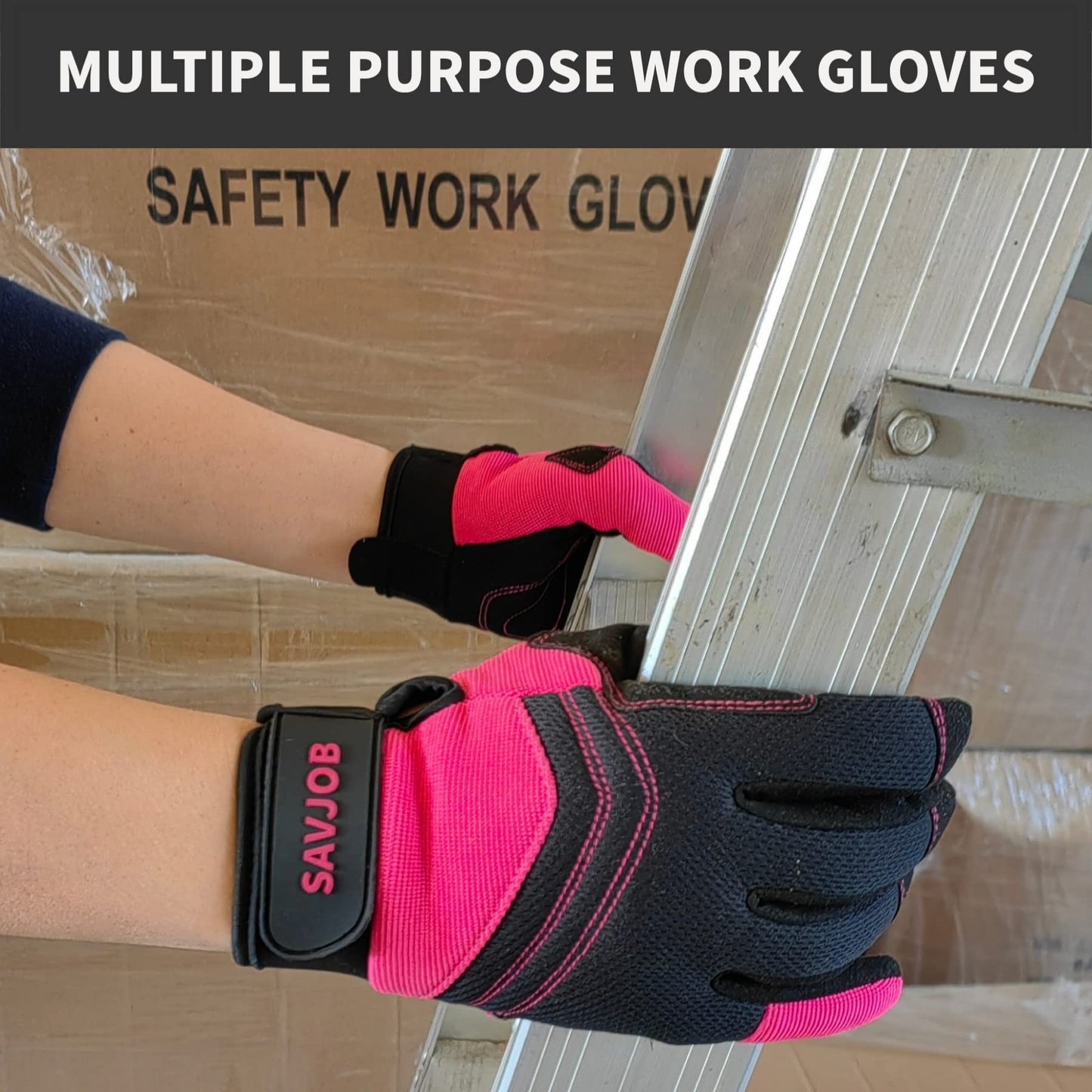 SAVJOB Utility Work Gloves for Men&Women,Mechanic Glove,Outdoor Yard,Performance Fit,Touchscreen,Pink,Medium