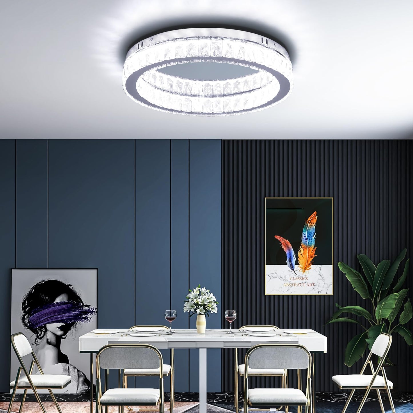 Finktonglan Crystal LED Flush Mount Ceiling Light, 17.7" Modern Round Crystal Ceiling Light, 48W 6000K Cool White, K9 Crystal & Stainless Steel, Low Profile, Non-Dimmable (No Remote)