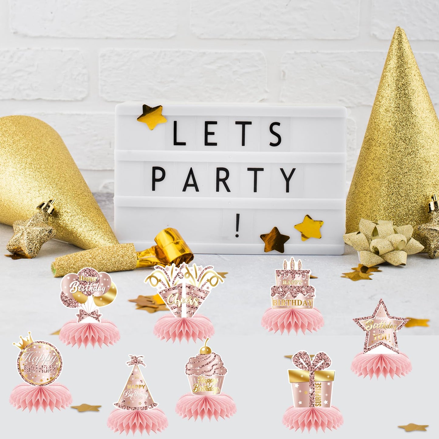 Pink Rose Gold Birthday Honeycomb Centerpieces Decorations Rose Gold Theme Party Table Centerpieces Women Girl Party Glitter Honeycomb Table Toppers Supplies