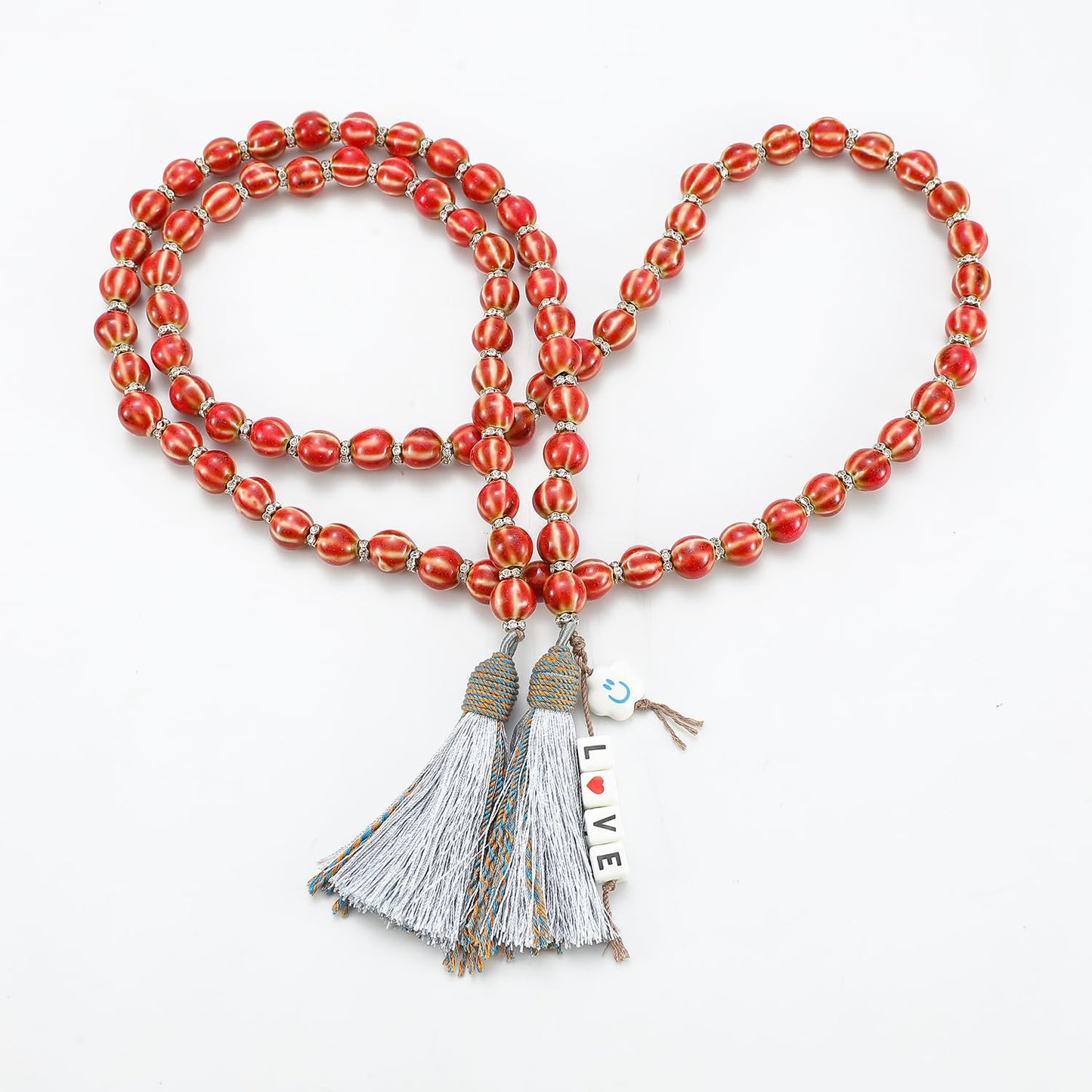 Handmade Bead Garland with Tassels - Farmhouse Rustic Prayer Bead String Wall Hanging Accent for Home Festival Decor.