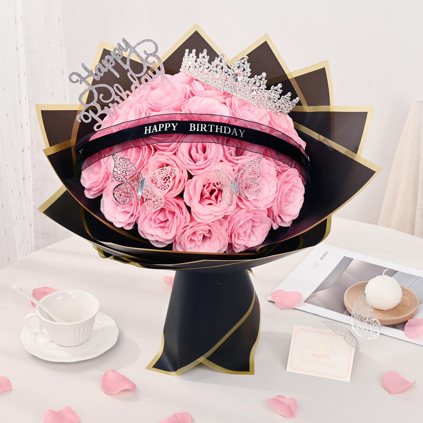 Waipfaru Glitter Roses Bouquet,Birthday Gifts for Women Mom,DIY Fake Flowers Bouquet with Birthday Stand-Up Signs,36 Pink Rose for Grandma Wife Friends