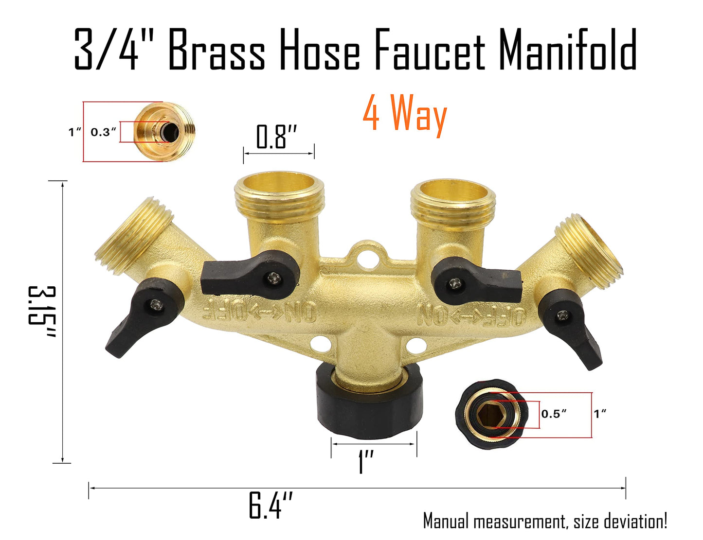 LBY 4 Way Brass Hose Splitter, 3/4" Hose Faucet Manifold, Garden Hose Connector, Tap Splitter, Solid Brass (Golden Yellow)