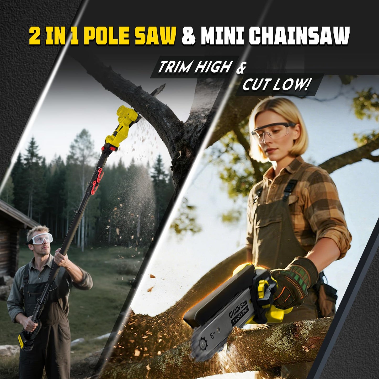 Autubin 2-in-1 Electric Pole Saw for Tree Trimming,1200W Brushless Cordless Pole Saw & 6 Inch Mini Chainsaw with 2 x 4.0Ah 21V Batteries,16 FT Max Reach & Multi-Angle, Tree Trimmer for Branch Cutting.